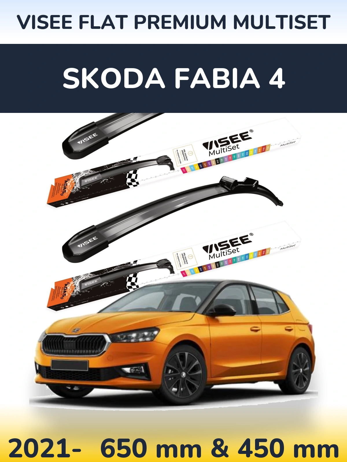 Front wiper blade set VISEE FLAT PREMIUM MultiSet 650 & 450 mm for Skoda Fabia 4 2021-2026