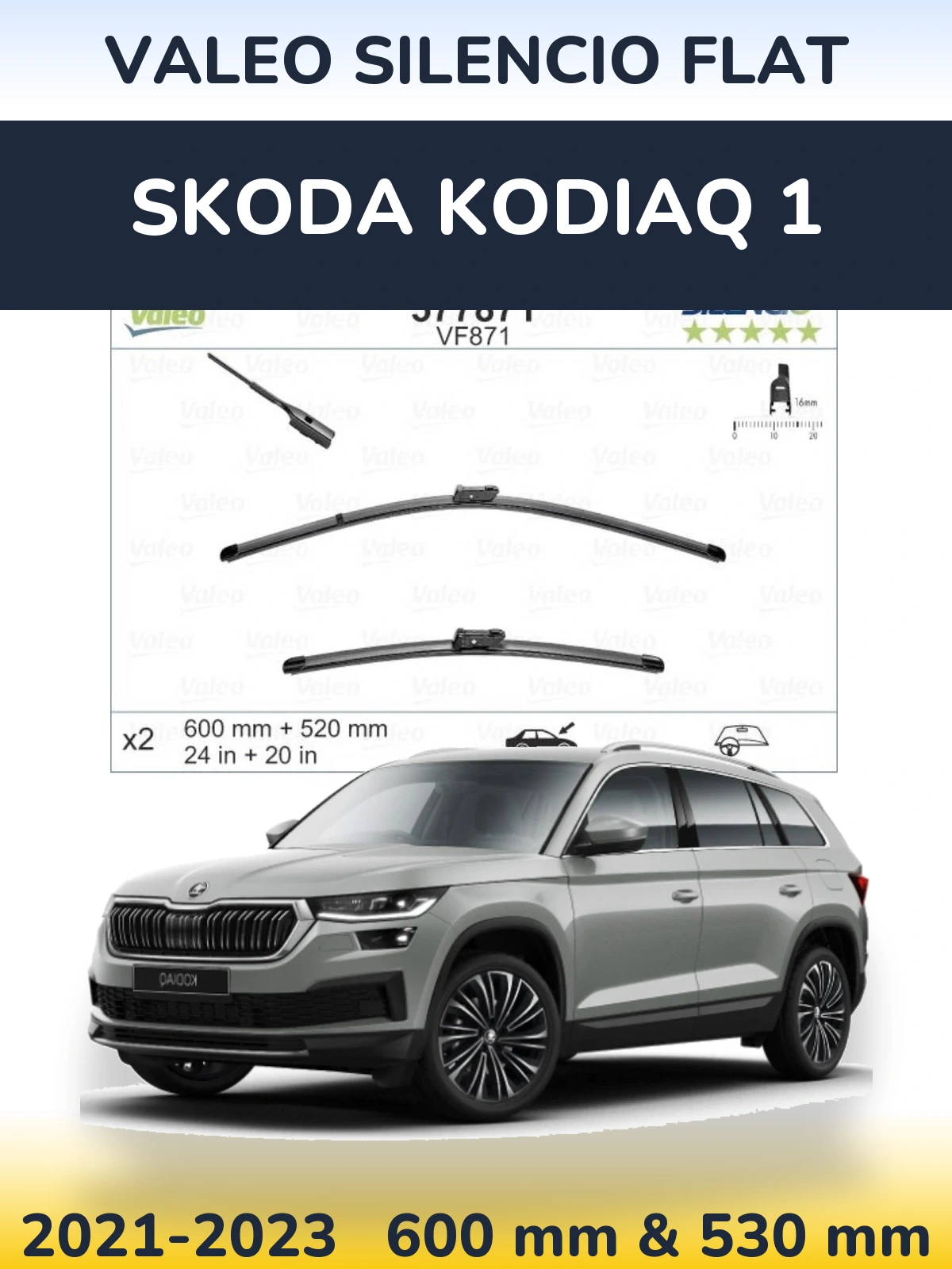 Front wiper blade set Valeo Silencio Flat 600 & 520 mm for Skoda Kodiaq 1 2021-2023