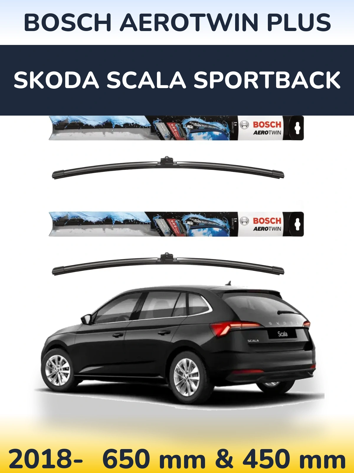 Комплект передних дворников BOSCH AeroTwin Plus 650 & 450 мм для Skoda Scala Sportback 2018-2026