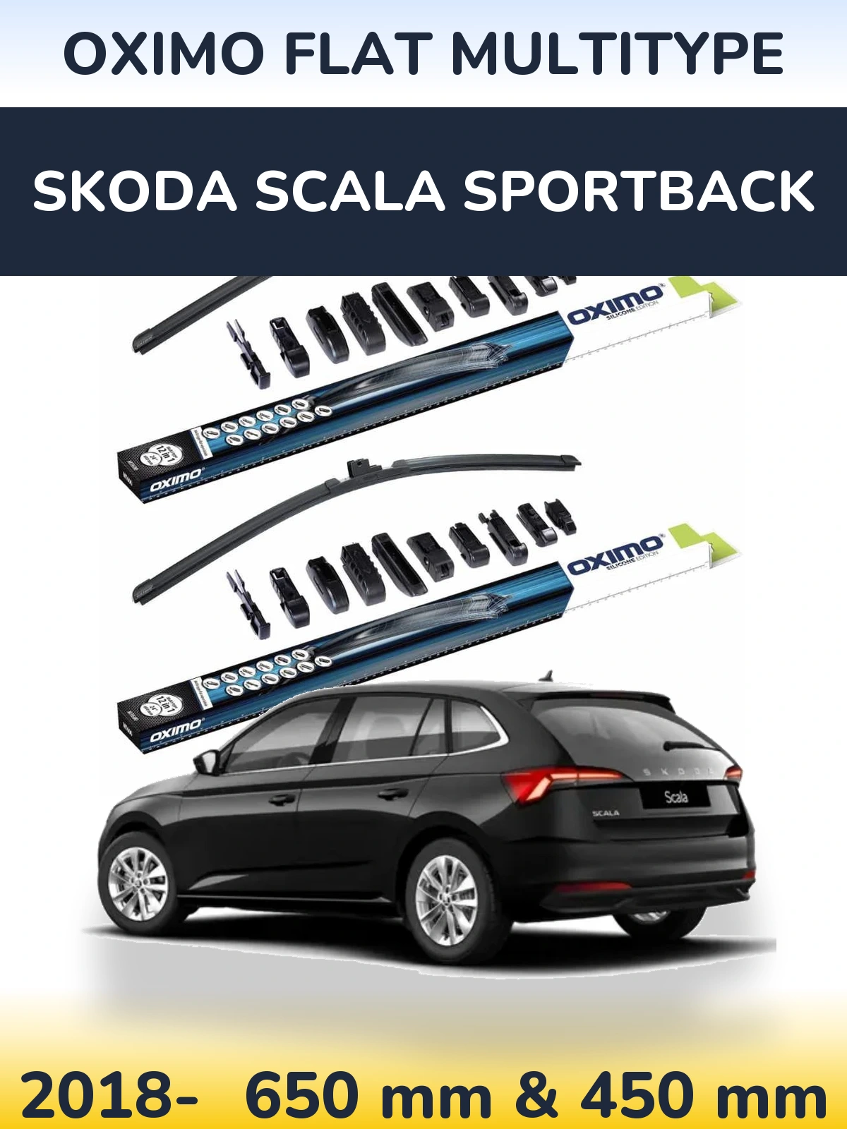 Front wiper blade set Oximo Flat MultiTipoe 650 & 450 mm for Skoda Scala Sportback 2018-2026