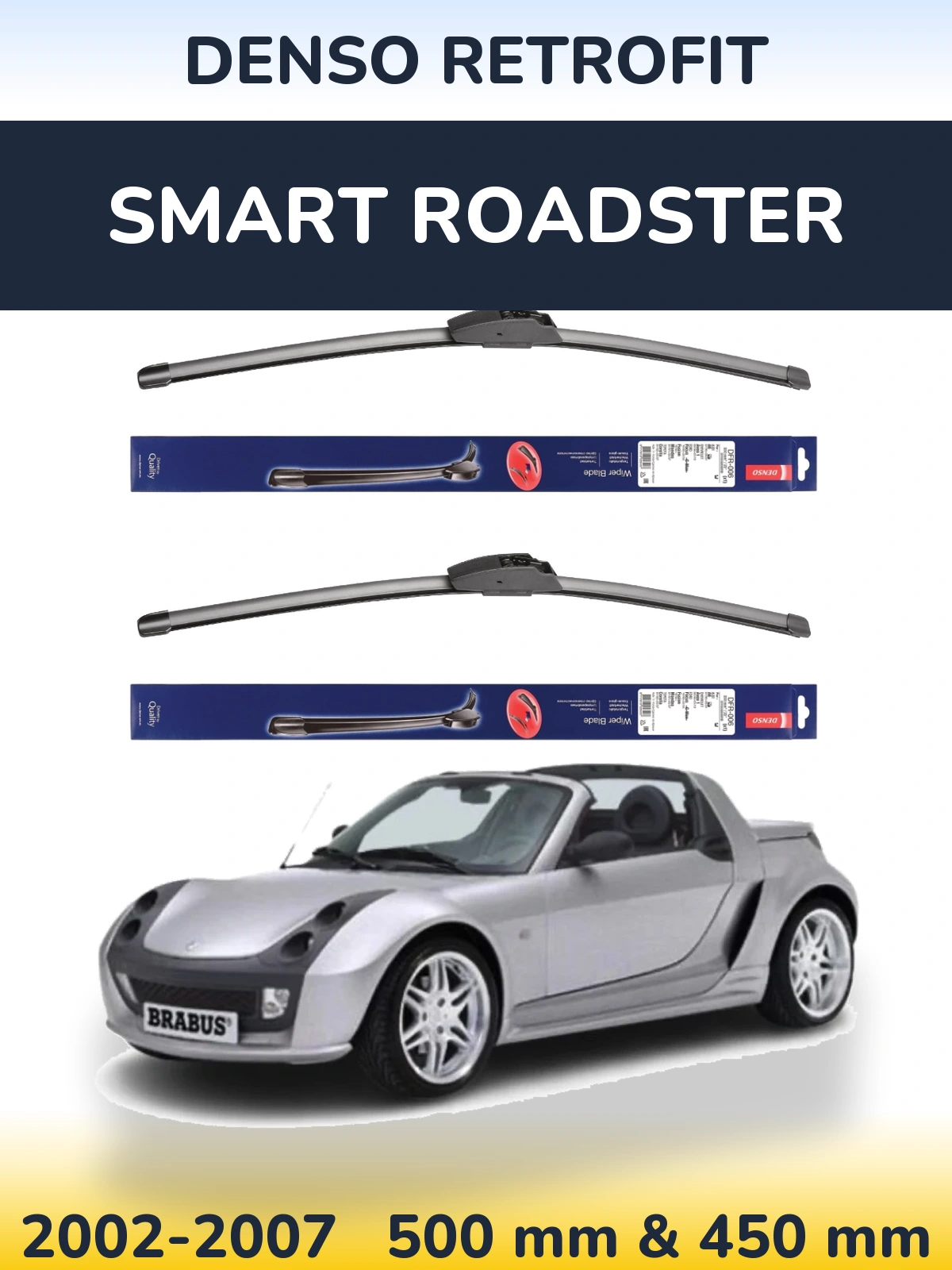 Front wiper blade set Denso Retrofit 500 & 450 mm for Smart Roadster 2002-2007