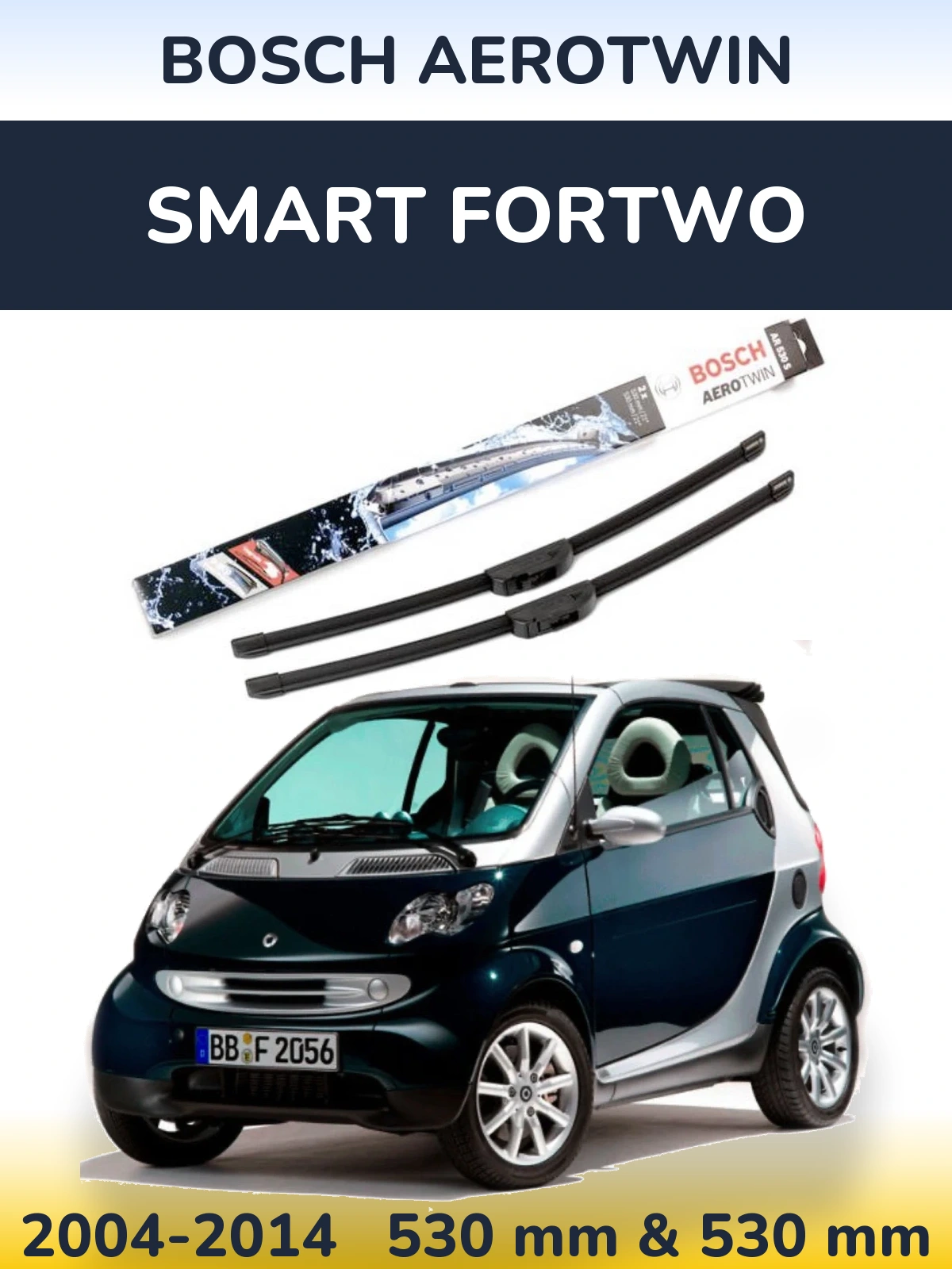 Комплект передних дворников BOSCH AeroTwin 530 & 530 мм для Smart Fortwo 2004-2014