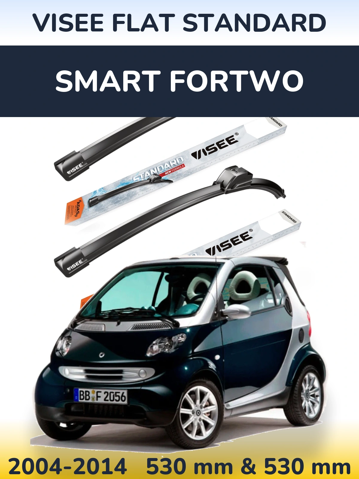 Front wiper blade set VISEE FLAT STANDARD 530 & 530 mm for Smart Fortwo 2004-2014