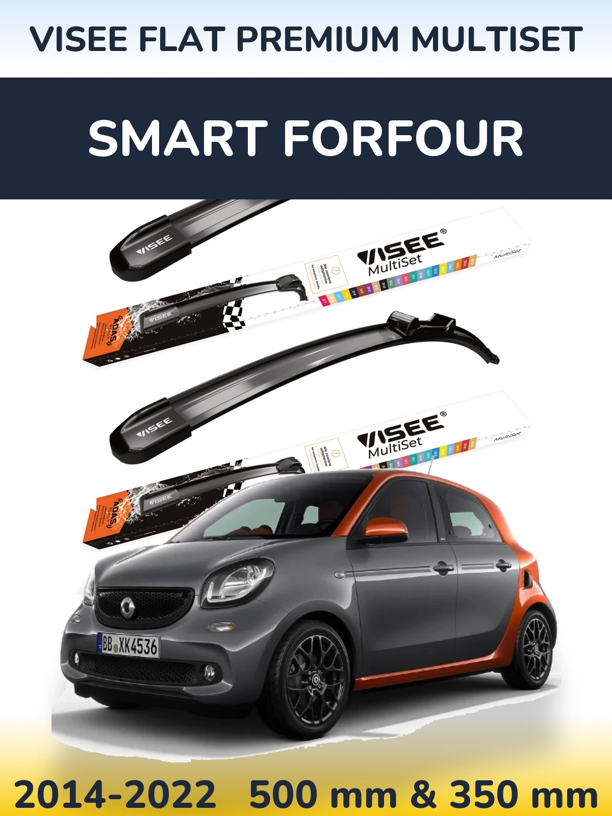 Front wiper blade set VISEE FLAT PREMIUM MultiSet 500 & 350 mm for Smart Forfour 2014-2022