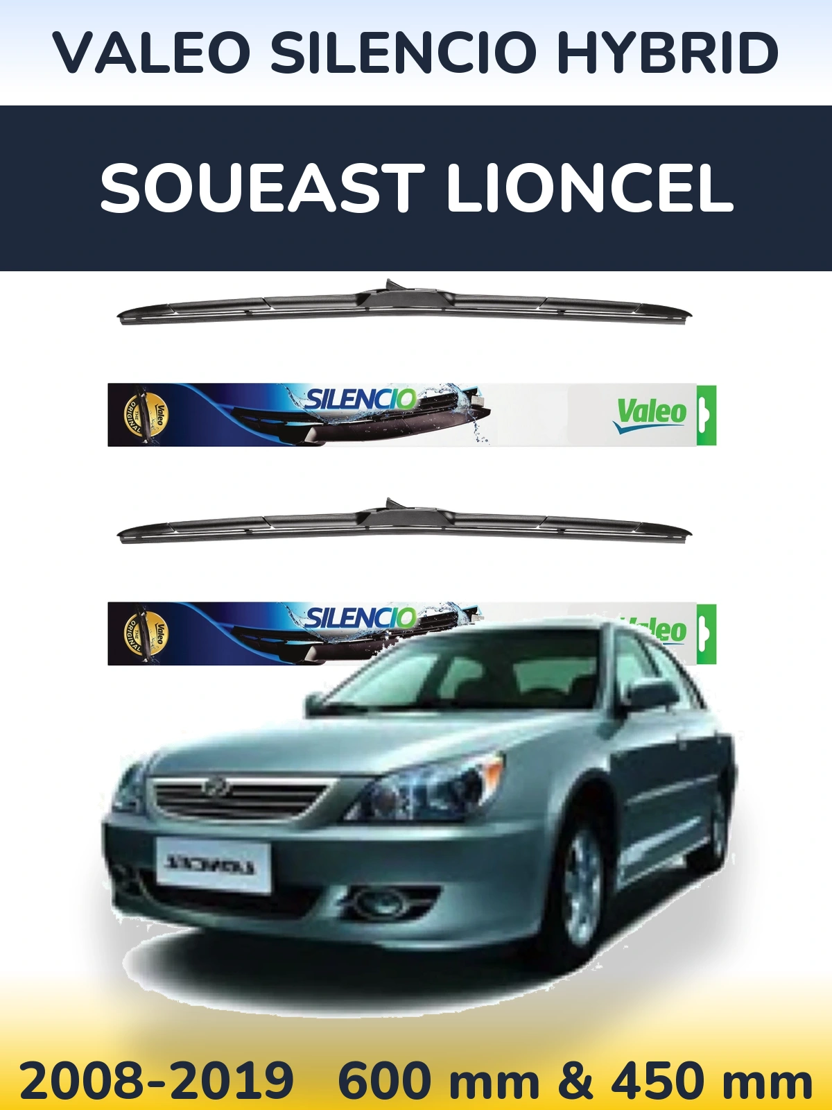 Front wiper blade set Valeo Silencio Hybrid 600 & 450 mm for Soueast Lioncel 2008-2019