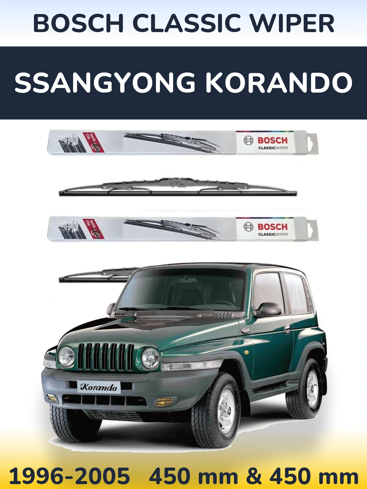 Front wiper blade set BOSCH Classic Wiper 450 & 450 mm for SsangYong Korando 1996-2005