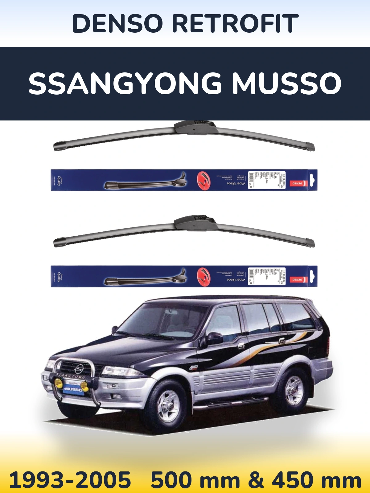 Front wiper blade set Denso Retrofit 500 & 450 mm for SsangYong Musso 1993-2005