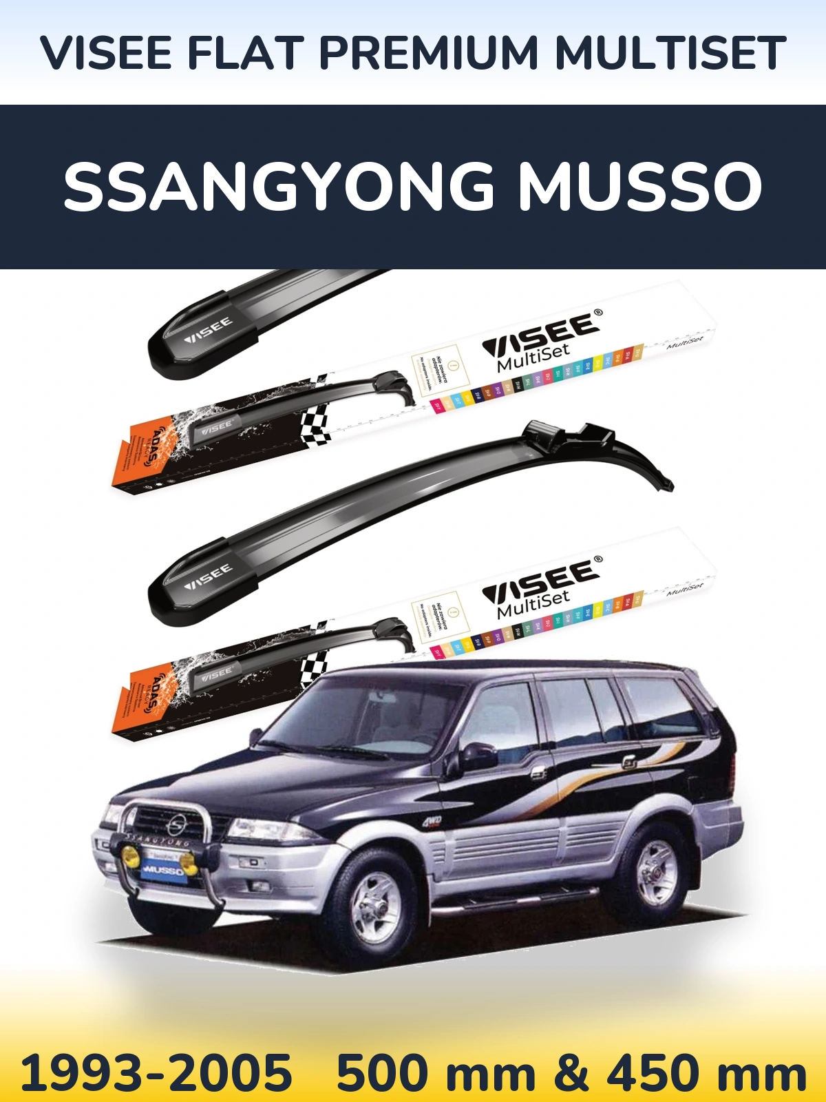 Front wiper blade set VISEE FLAT PREMIUM MultiSet 500 & 450 mm for SsangYong Musso 1993-2005