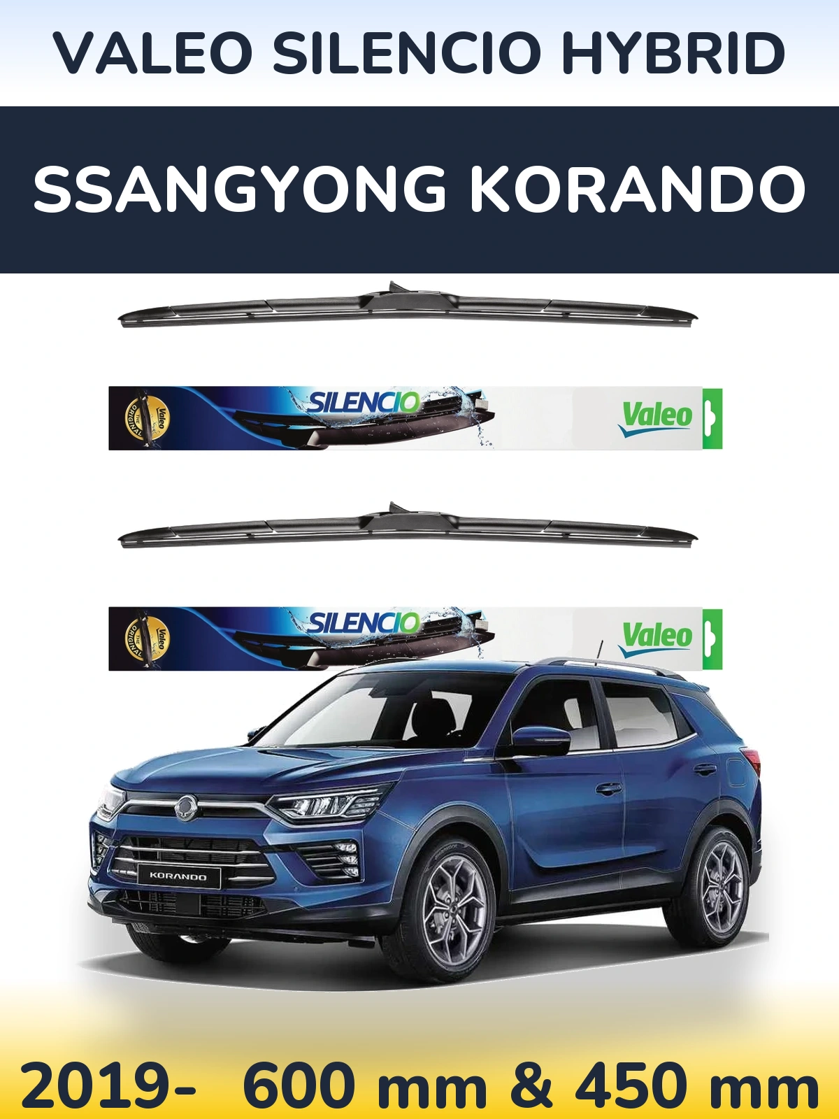 Front wiper blade set Valeo Silencio Hybrid 600 & 450 mm for SsangYong Korando 2019-2026