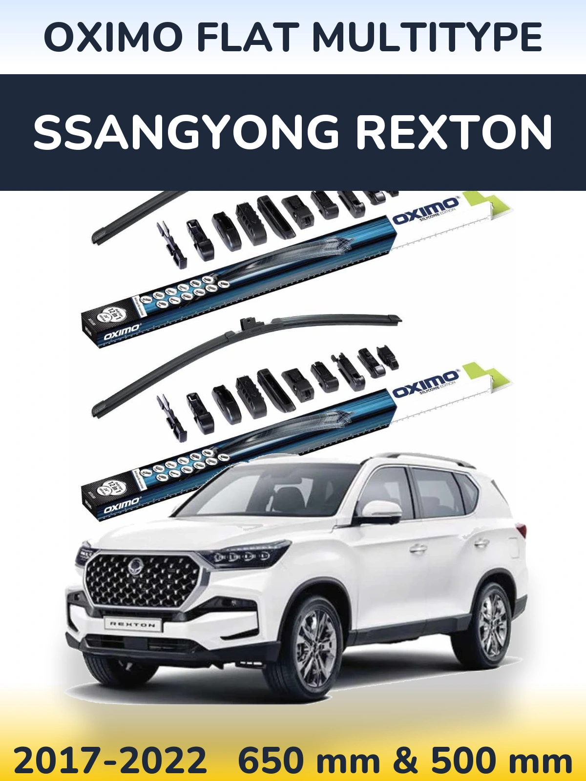 Front wiper blade set Oximo Flat MultiTipoe 650 & 500 mm for SsangYong Rexton 2017-2022