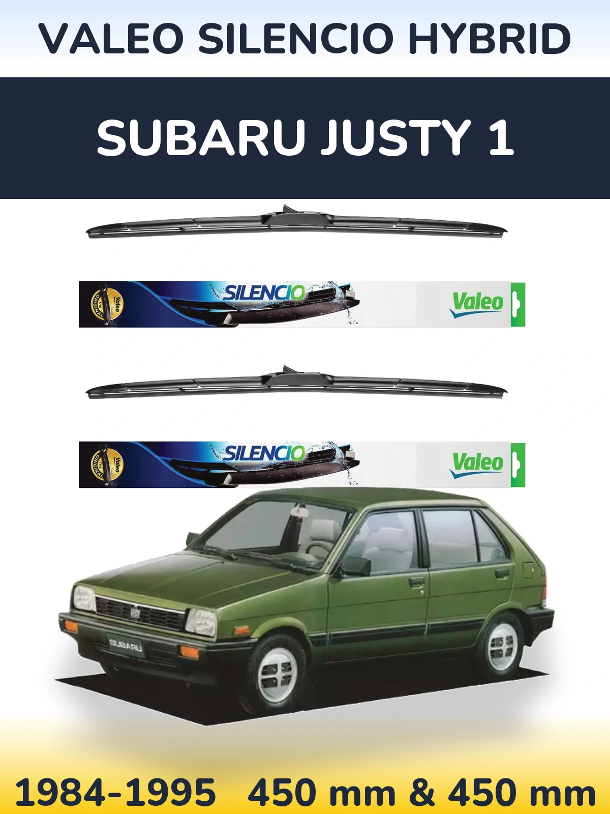 Front wiper blade set Valeo Silencio Hybrid 450 & 450 mm for Subaru Justy 1 1984-1995
