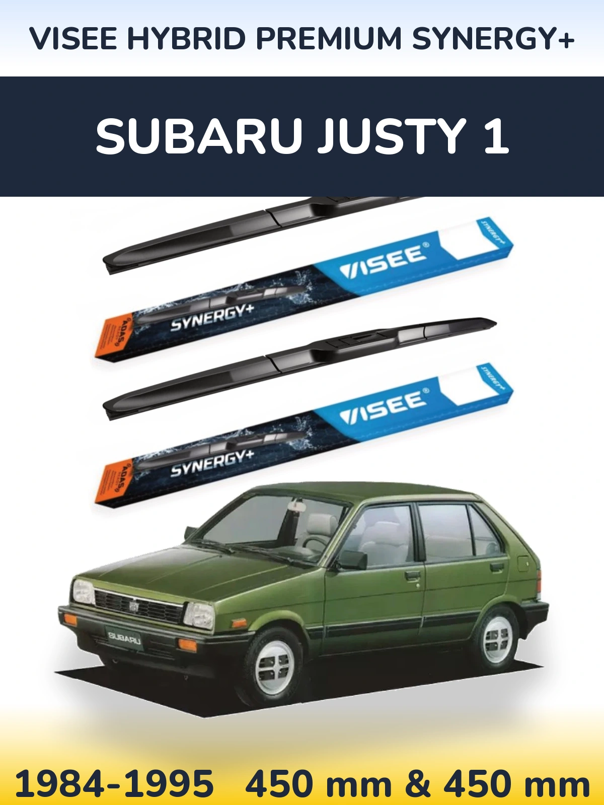 Front wiper blade set VISEE HYBRID PREMIUM SYNERGY+ 450 & 450 mm for Subaru Justy 1 1984-1995