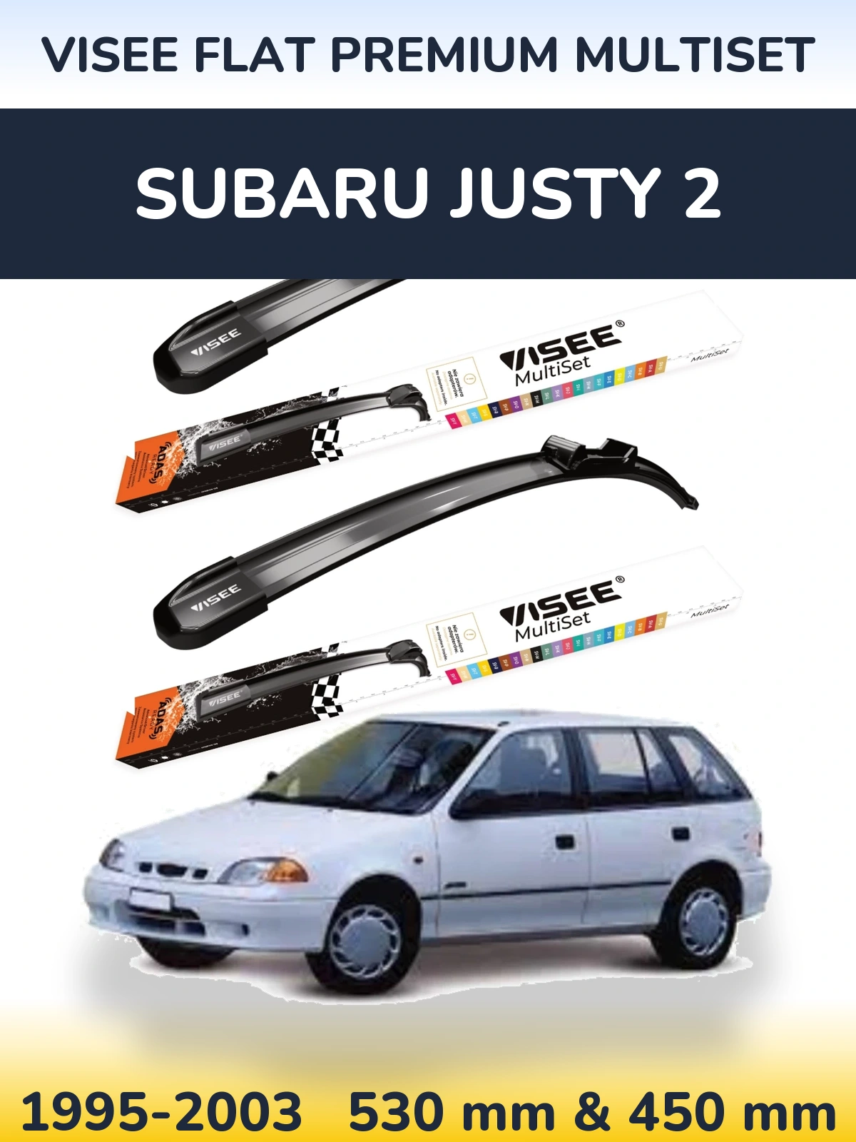 Комплект передних дворников VISEE FLAT PREMIUM MultiSet 530 & 450 мм для Subaru Justy 2 1995-2003
