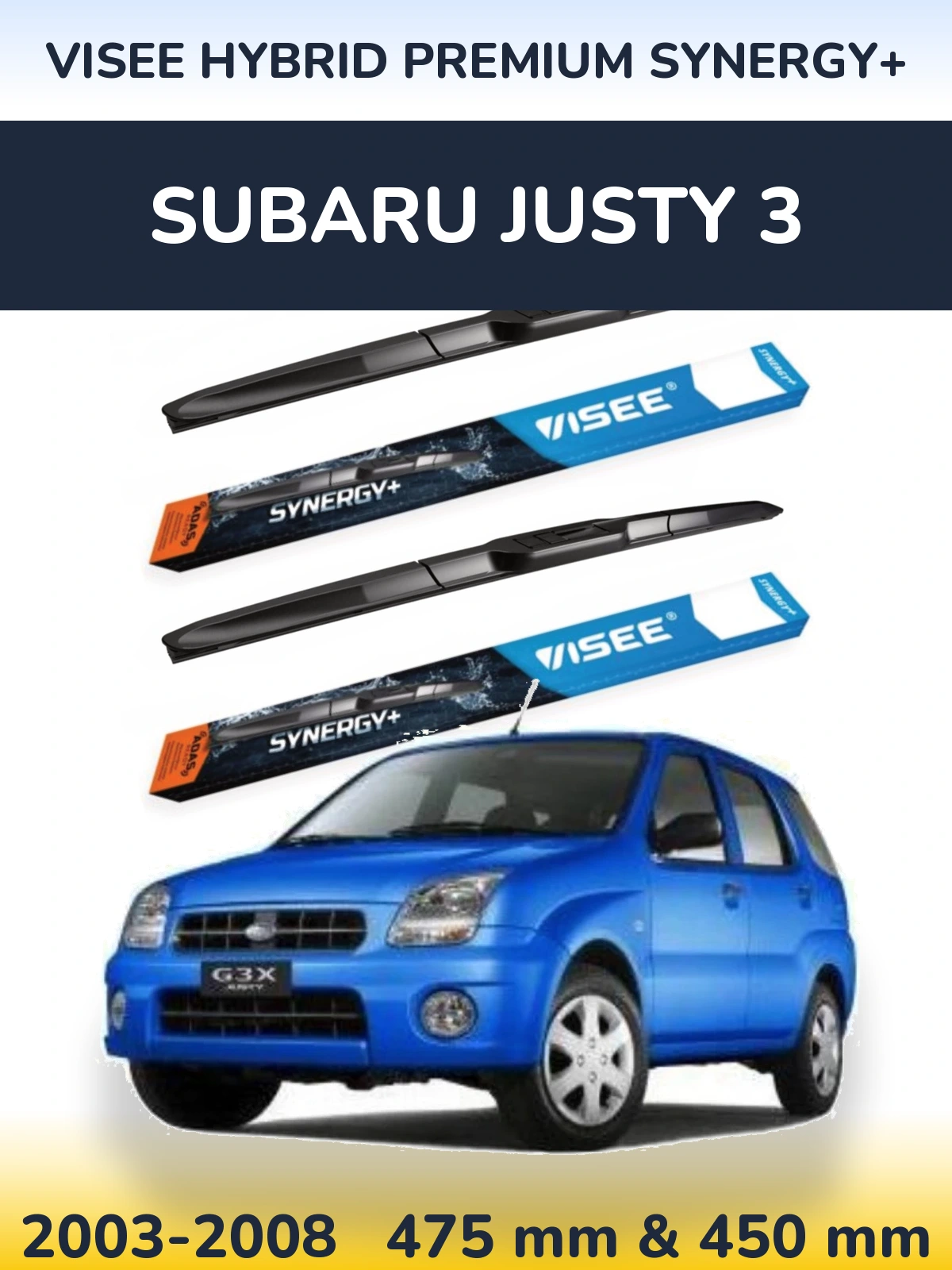 Front wiper blade set VISEE HYBRID PREMIUM SYNERGY+ 475 & 450 mm for Subaru Justy 3 2003-2008
