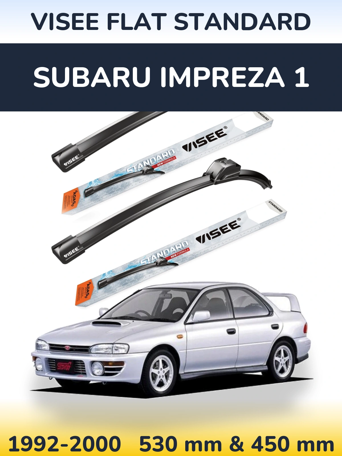 Front wiper blade set VISEE FLAT STANDARD 530 & 450 mm for Subaru Impreza 1 1992-2000