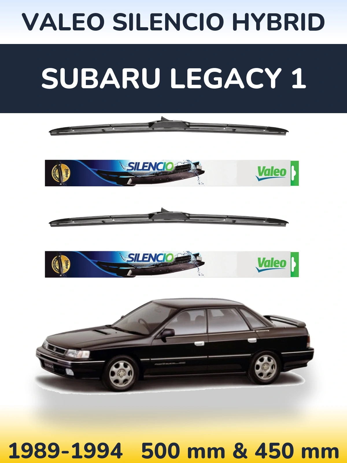 Front wiper blade set Valeo Silencio Hybrid 500 & 450 mm for Subaru Legacy 1 1989-1994