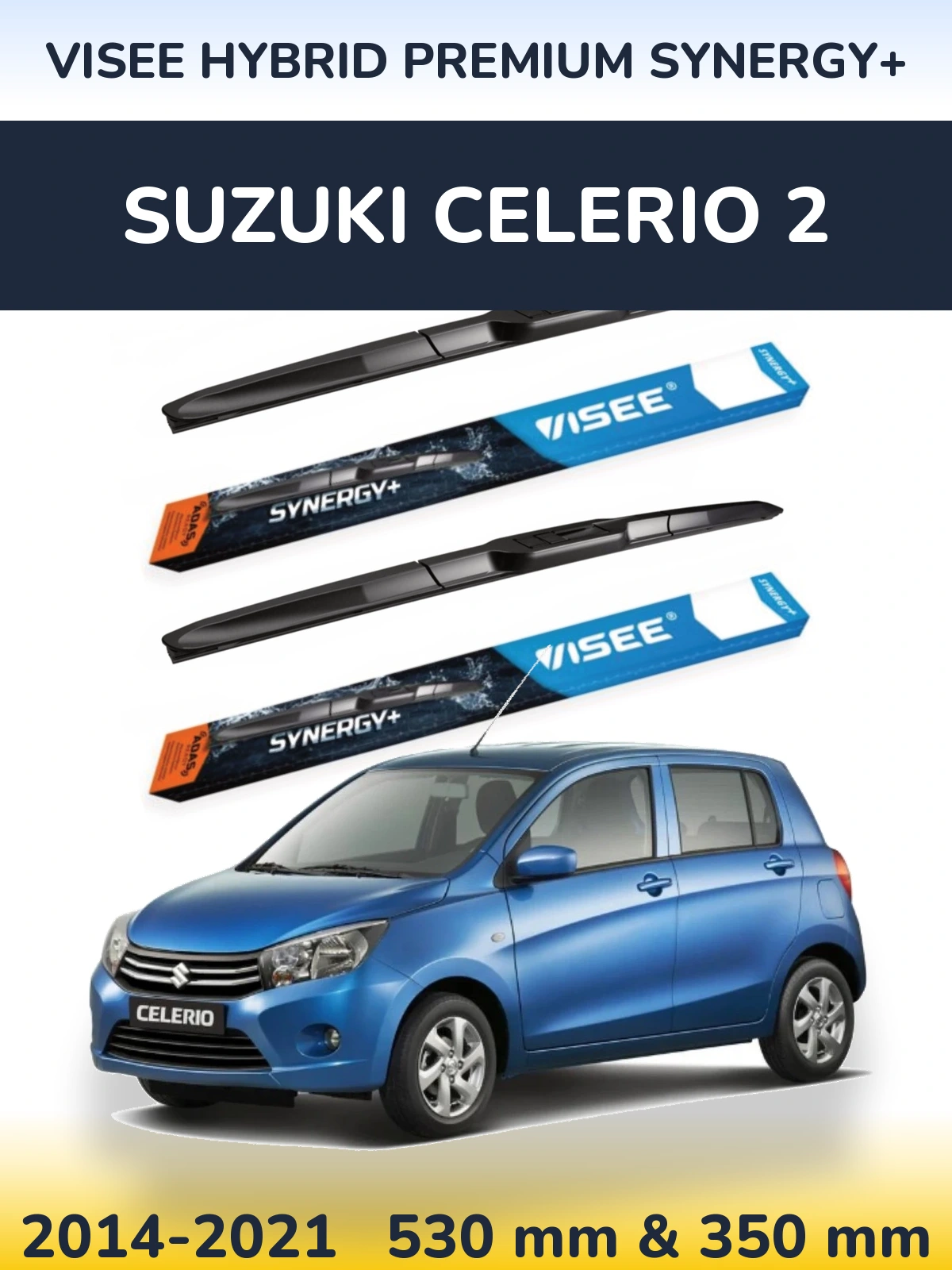 Front wiper blade set VISEE HYBRID PREMIUM SYNERGY+ 530 & 350 mm for Suzuki Celerio 2 2014-2021