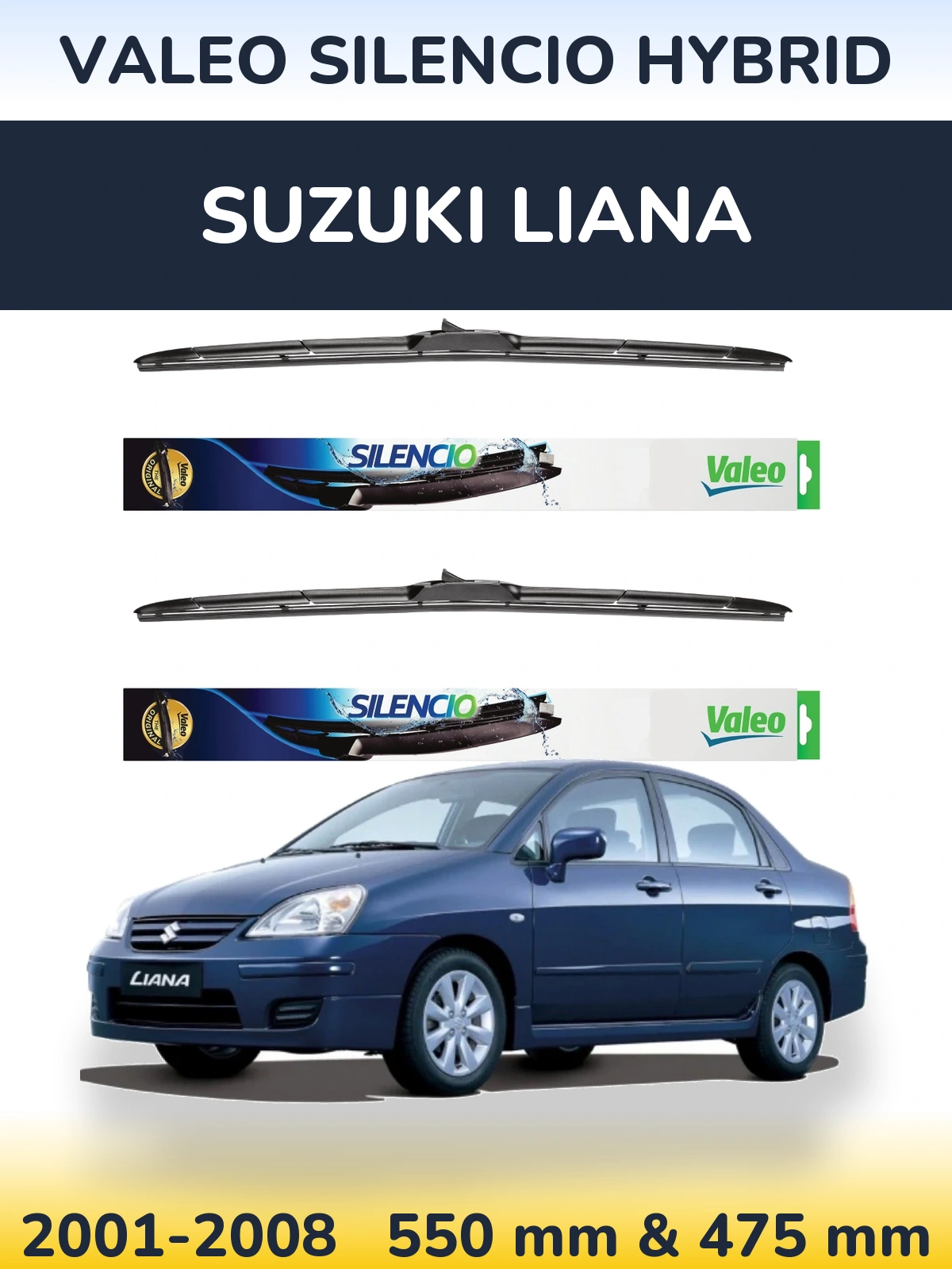 Front wiper blade set Valeo Silencio Hybrid 550 & 475 mm for Suzuki Liana 2001-2008