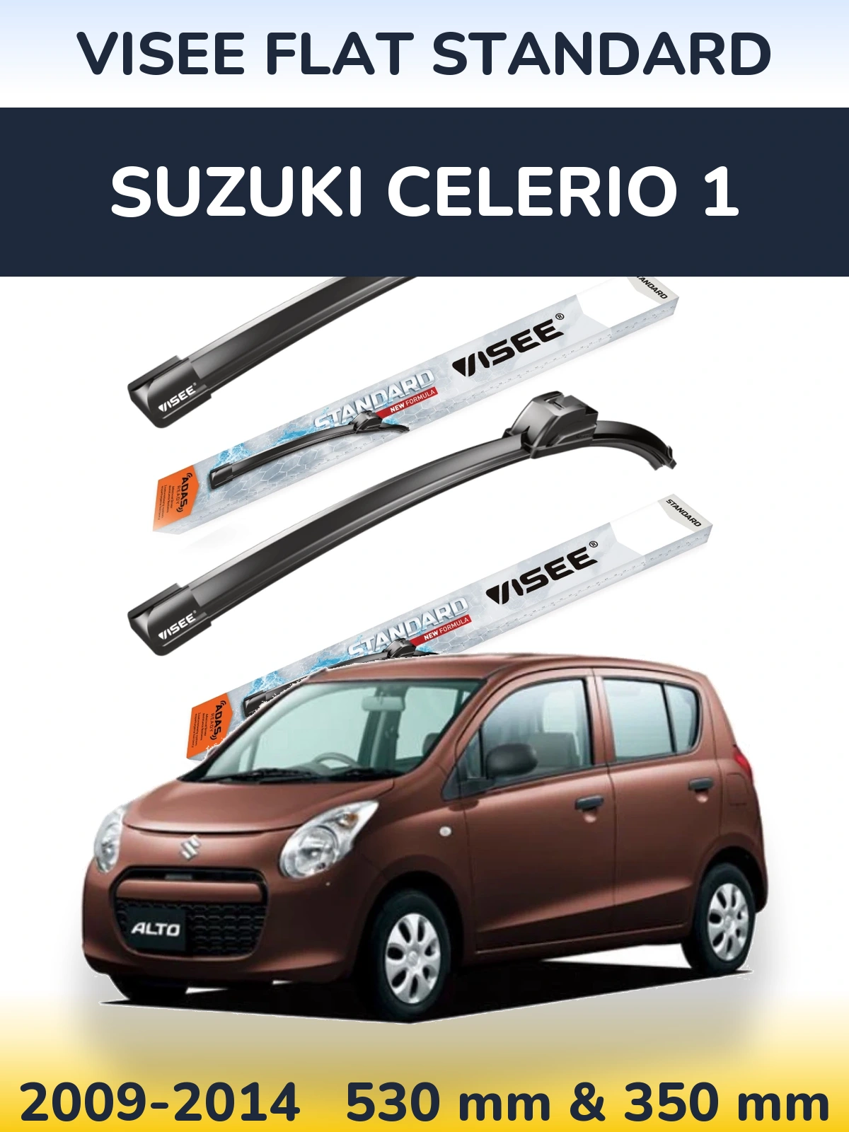 Front wiper blade set VISEE FLAT STANDARD 530 & 350 mm for Suzuki Celerio 1 2009-2014