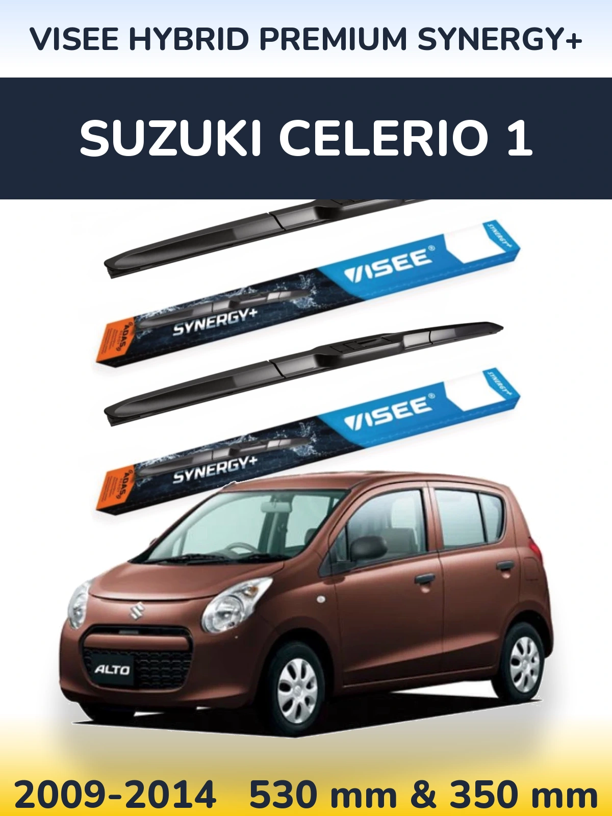 Front wiper blade set VISEE HYBRID PREMIUM SYNERGY+ 530 & 350 mm for Suzuki Celerio 1 2009-2014