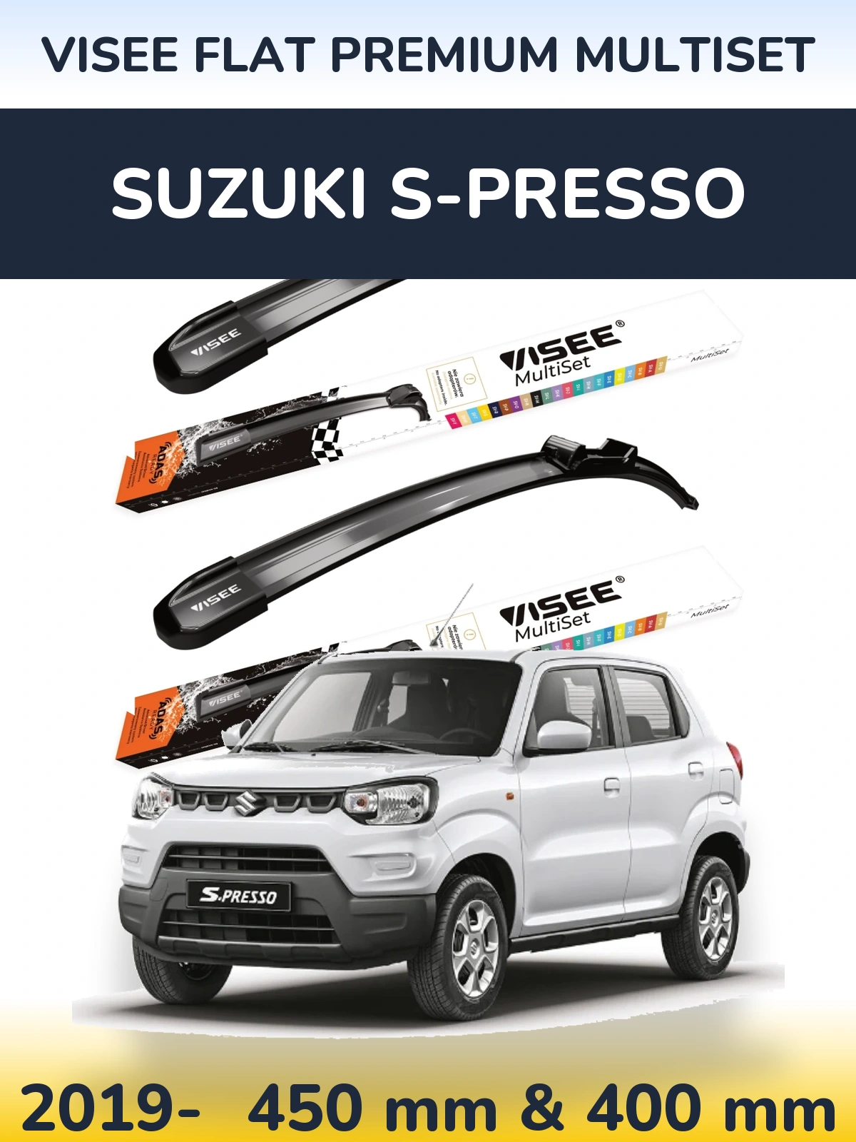Комплект передніх щіток VISEE FLAT PREMIUM MultiSet 450 & 400 мм для Suzuki S-Presso 2019-2026