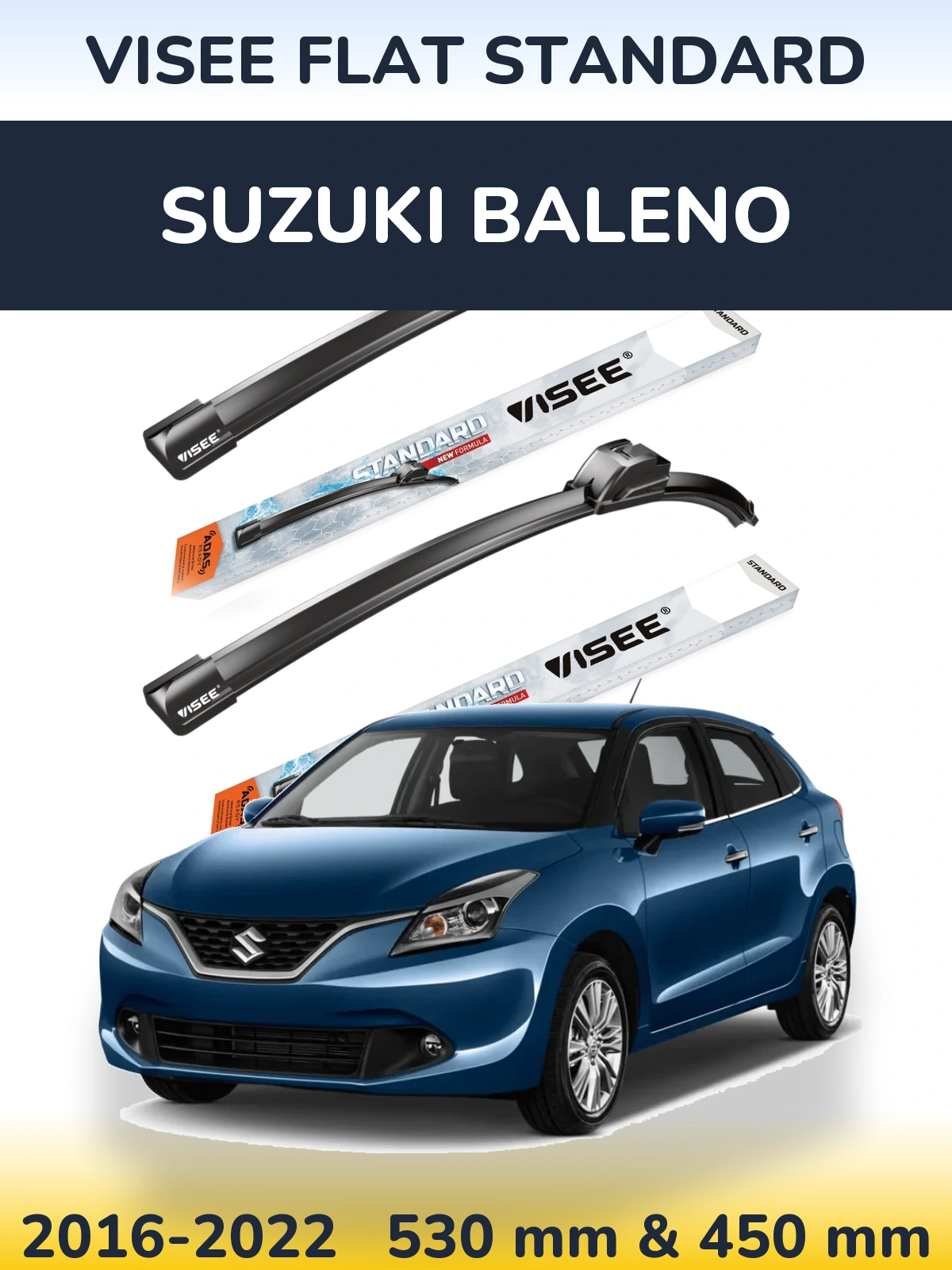 Комплект передних дворников VISEE FLAT STANDARD 530 & 450 мм для Suzuki Baleno 2016-2022