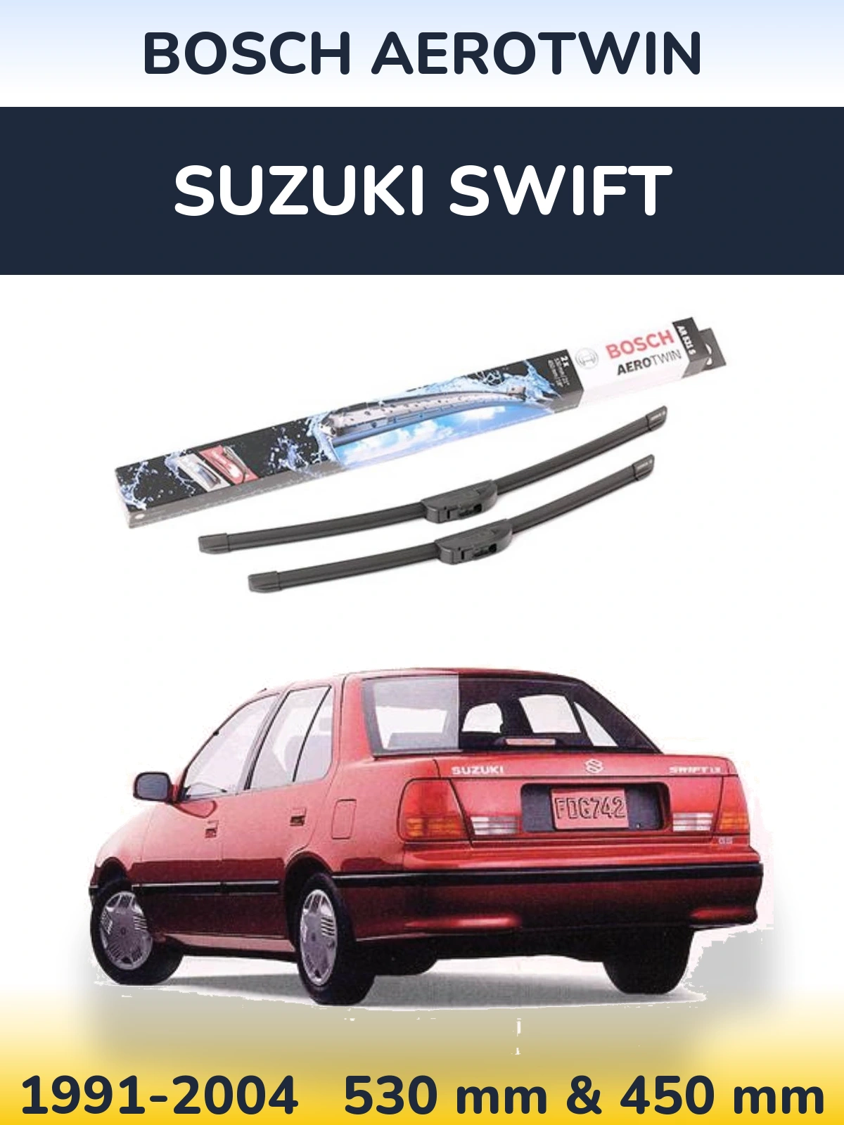 Комплект передних дворников BOSCH AeroTwin 530 & 450 мм для Suzuki Swift 1991-2004