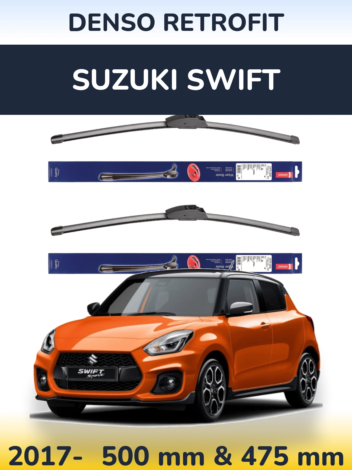 Front wiper blade set Denso Retrofit 500 & 475 mm for Suzuki Swift 2017-2026
