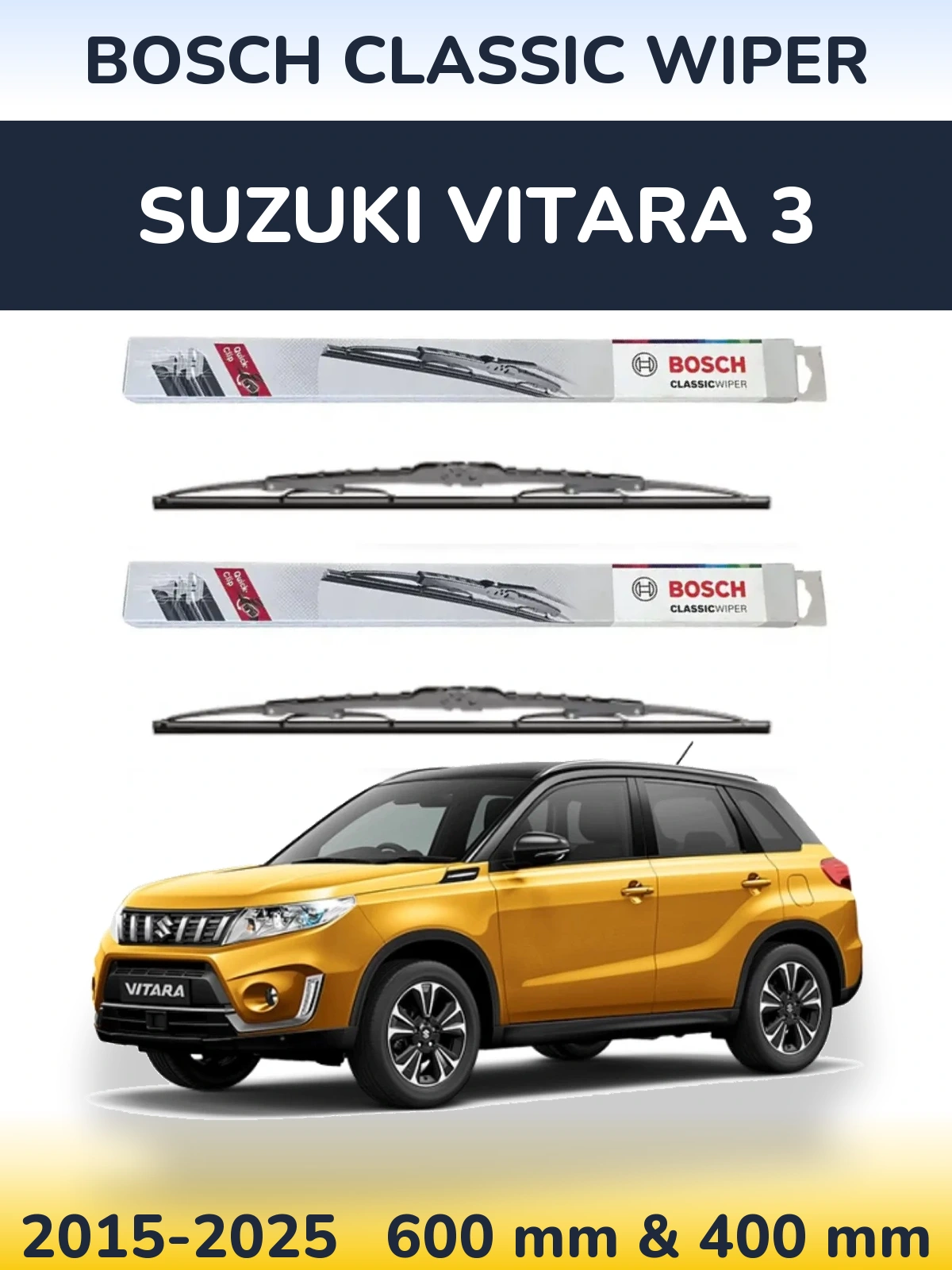 Комплект передних дворников BOSCH Classic Wiper 600 & 400 мм для Suzuki Vitara 3 2015-2025