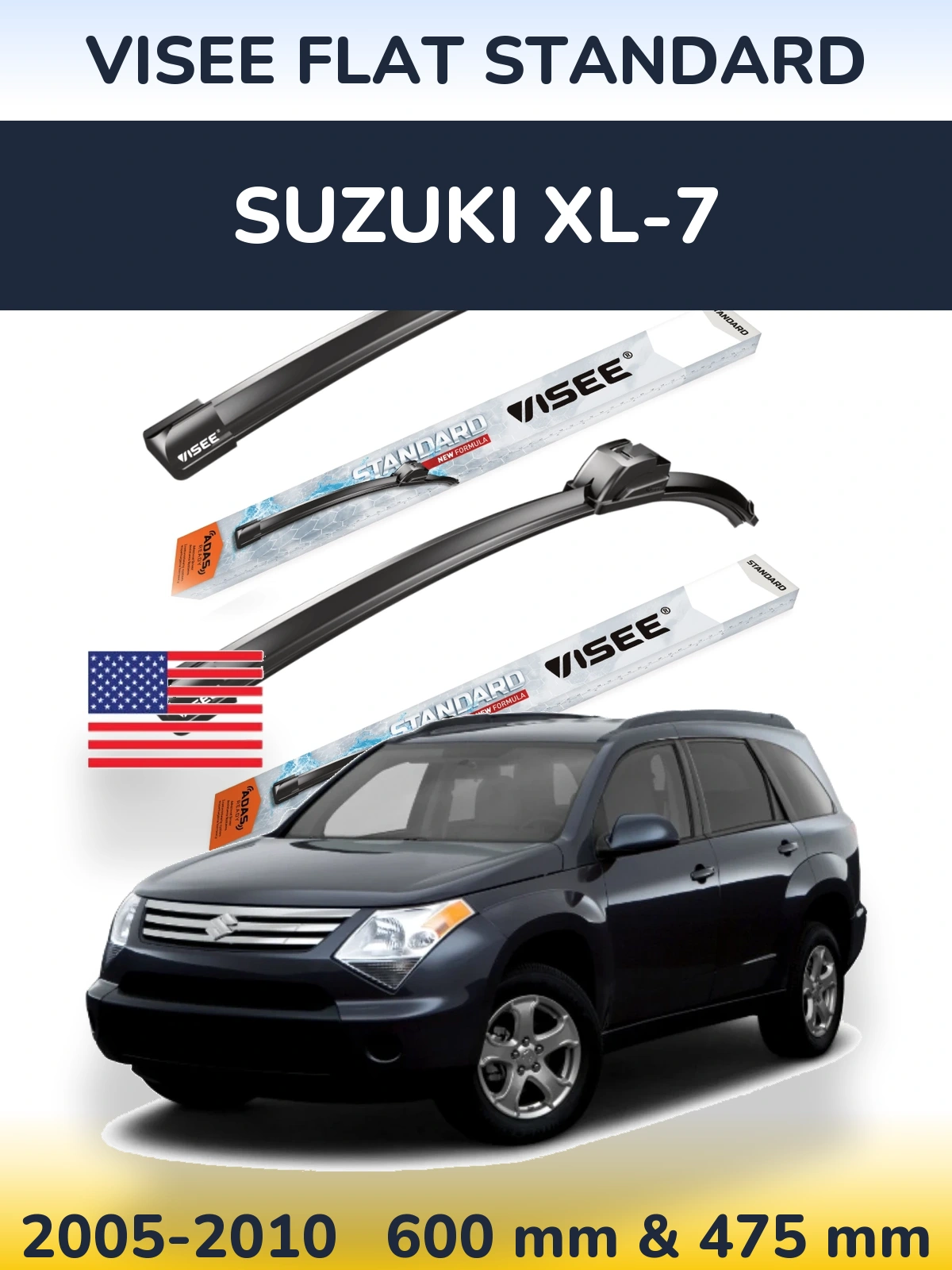 Front wiper blade set VISEE FLAT STANDARD 600 & 475 mm for Suzuki XL-7 2005-2010