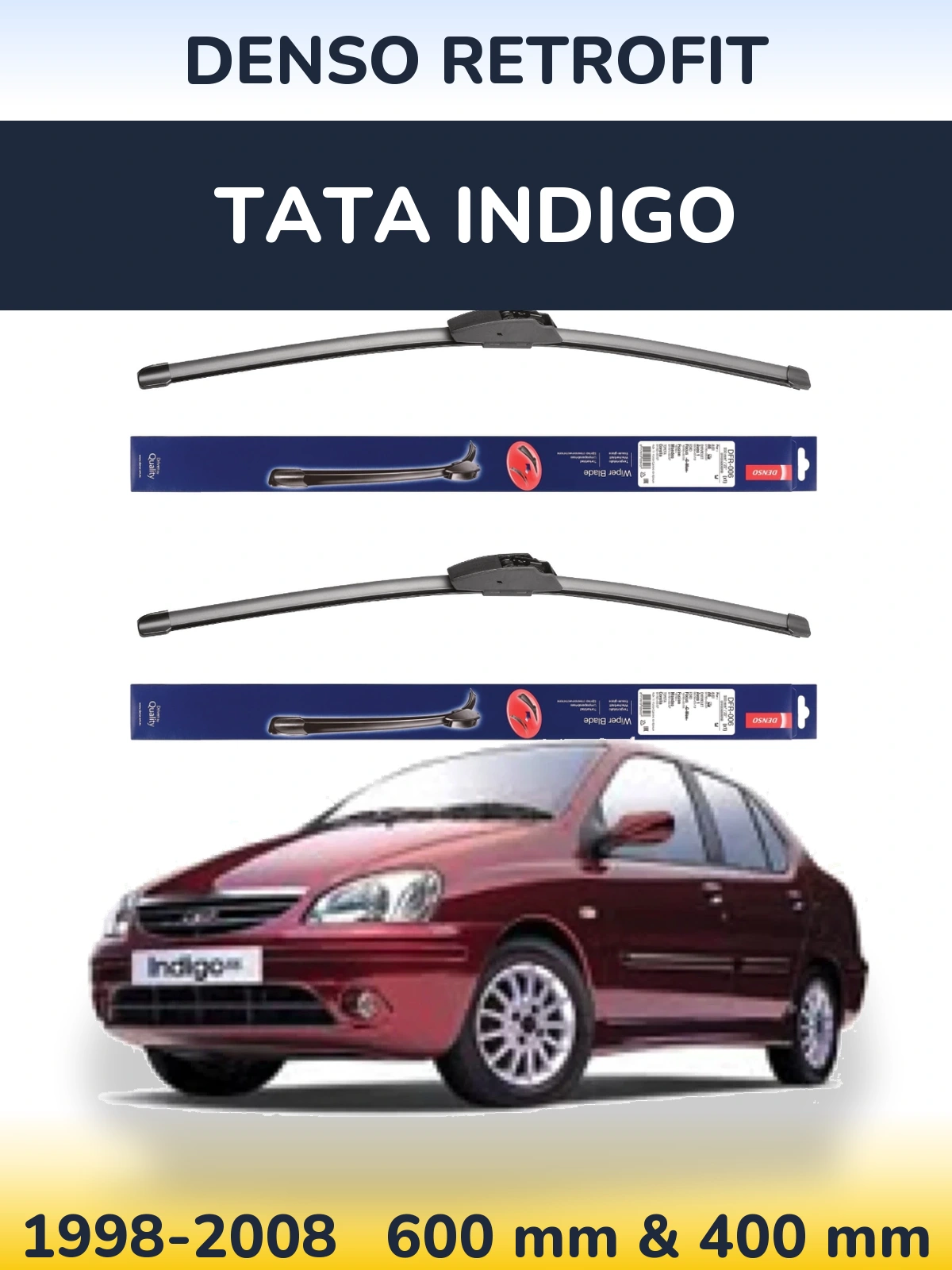 Front wiper blade set Denso Retrofit 600 & 400 mm for Tata Indigo 1998-2008