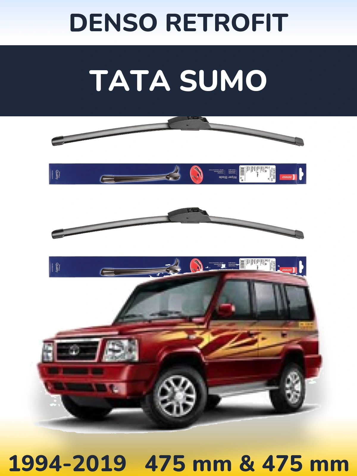 Front wiper blade set Denso Retrofit 475 & 475 mm for Tata Sumo 1994-2019