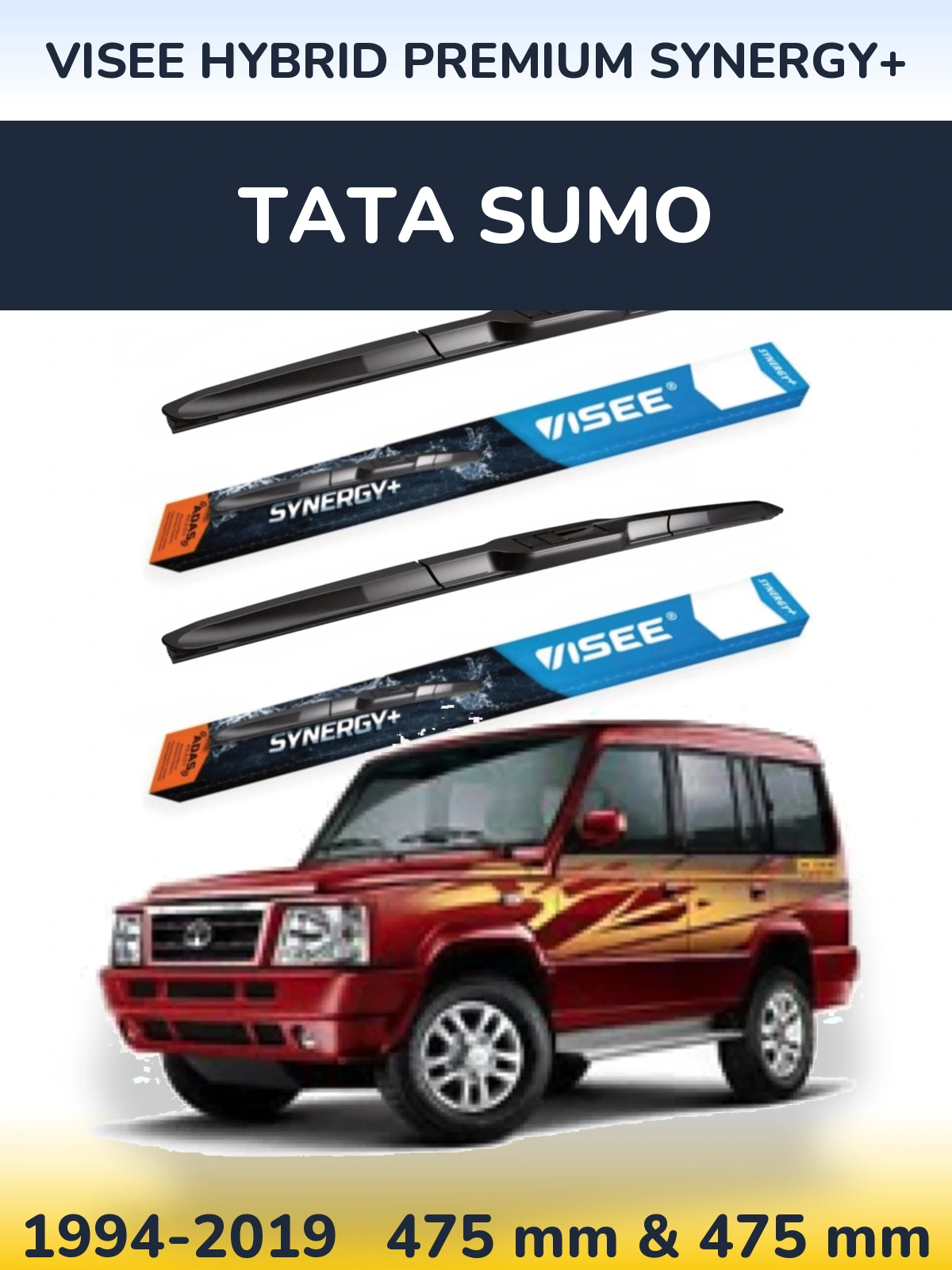 Front wiper blade set VISEE HYBRID PREMIUM SYNERGY+ 475 & 475 mm for Tata Sumo 1994-2019