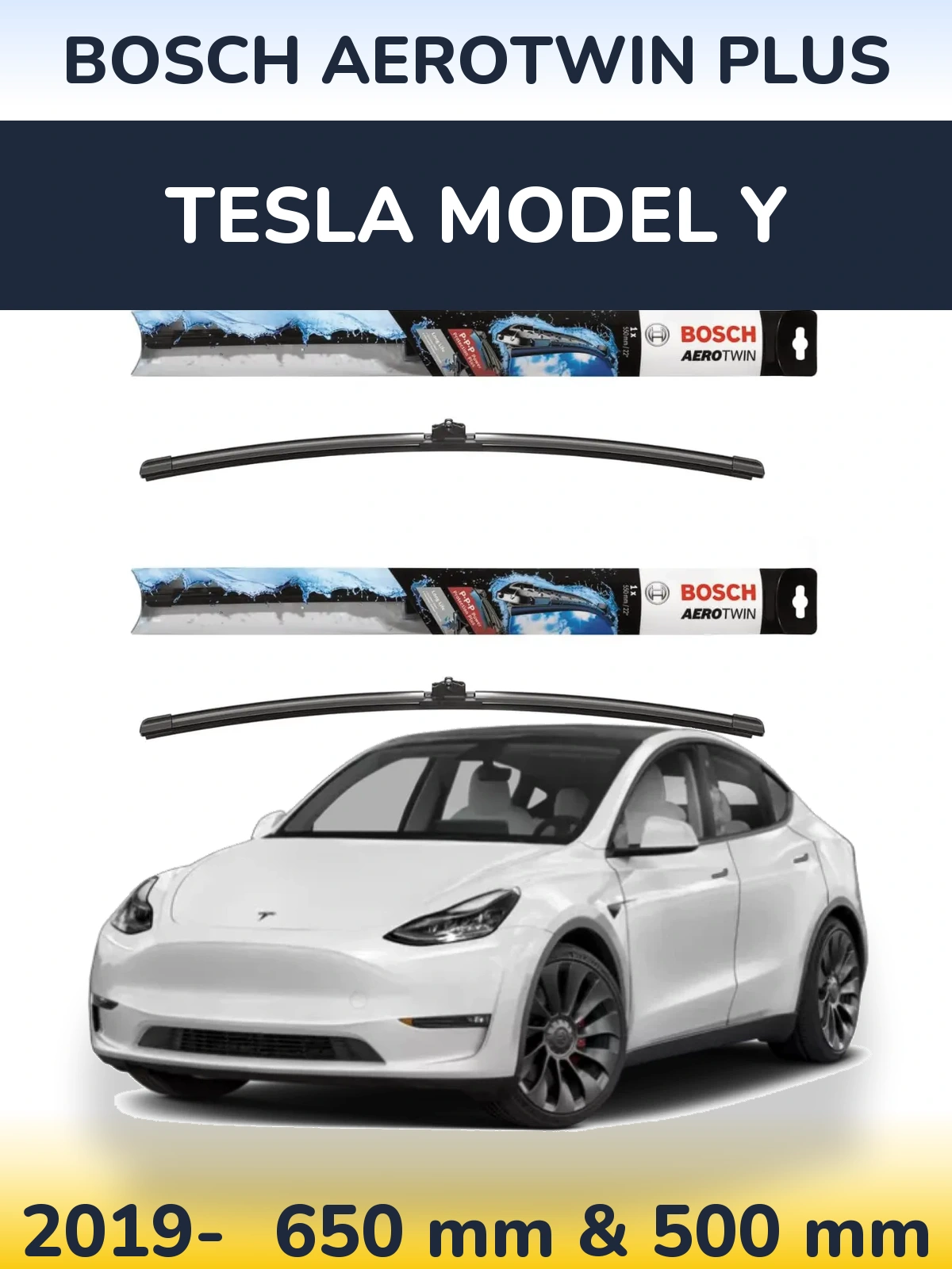 Front wiper blade set BOSCH AeroTwin Plus 650 & 500 mm for Tesla Modello Y 2019-2026
