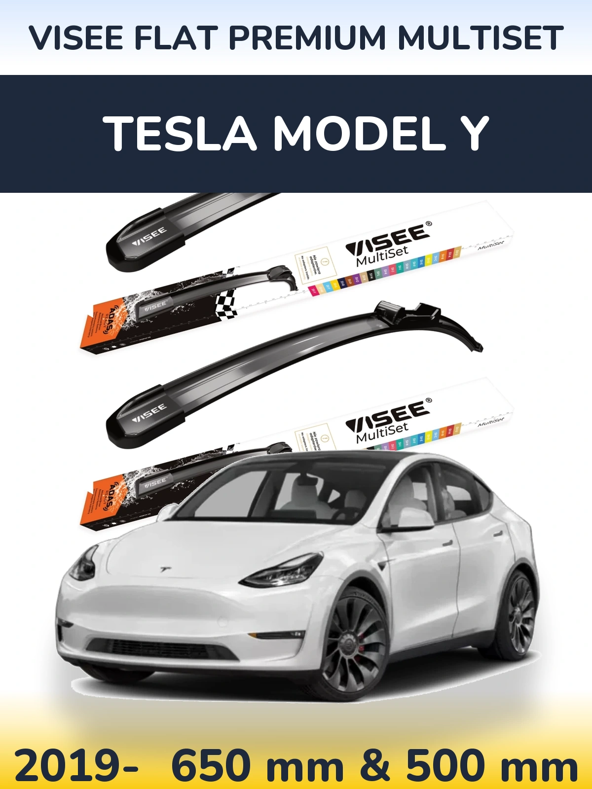 Front wiper blade set VISEE FLAT PREMIUM MultiSet 650 & 500 mm for Tesla Modello Y 2019-2026