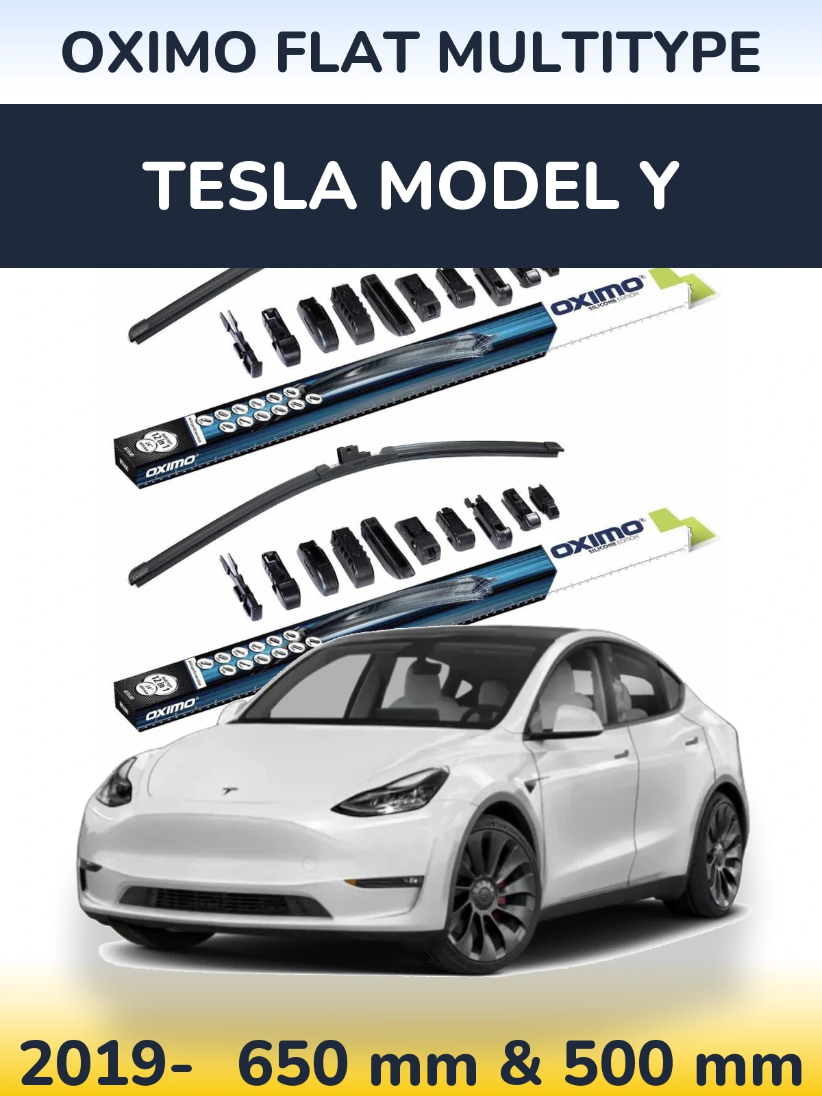 Front wiper blade set Oximo Flat MultiTipoe 650 & 500 mm for Tesla Modello Y 2019-2026