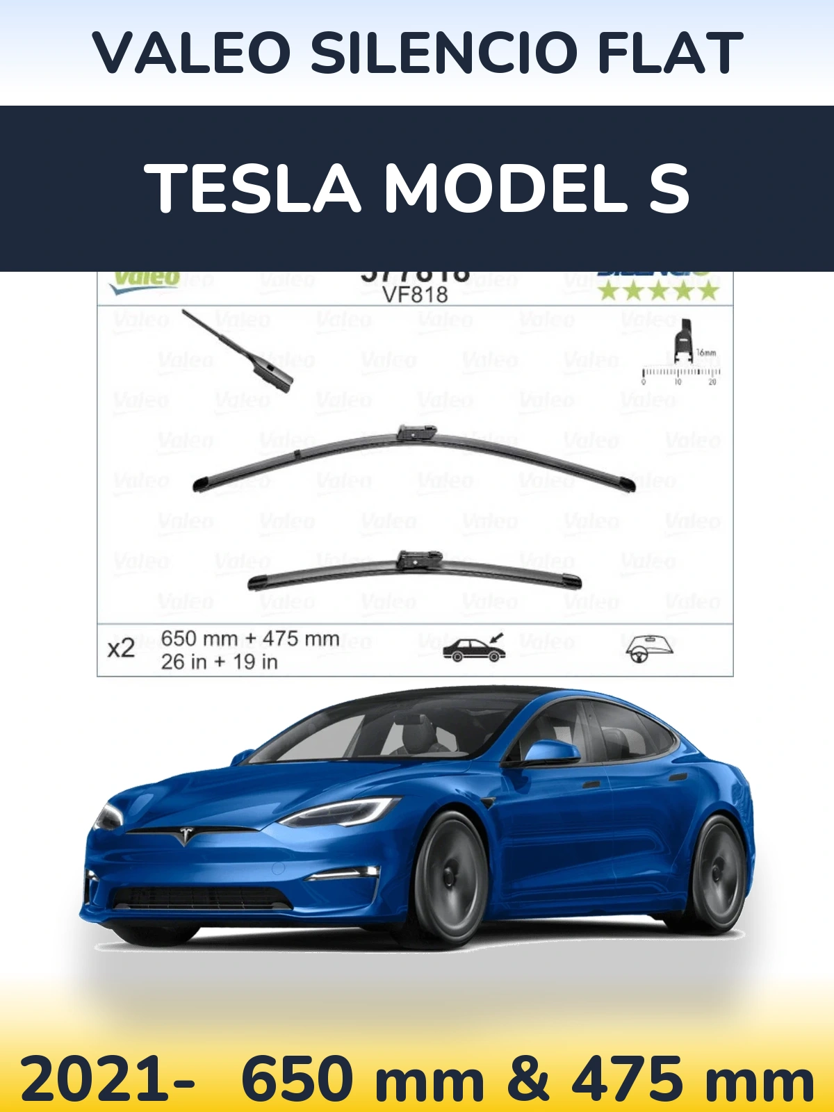 Front wiper blade set Valeo Silencio Flat 650 & 475 mm for Tesla Modello S 2021-2026
