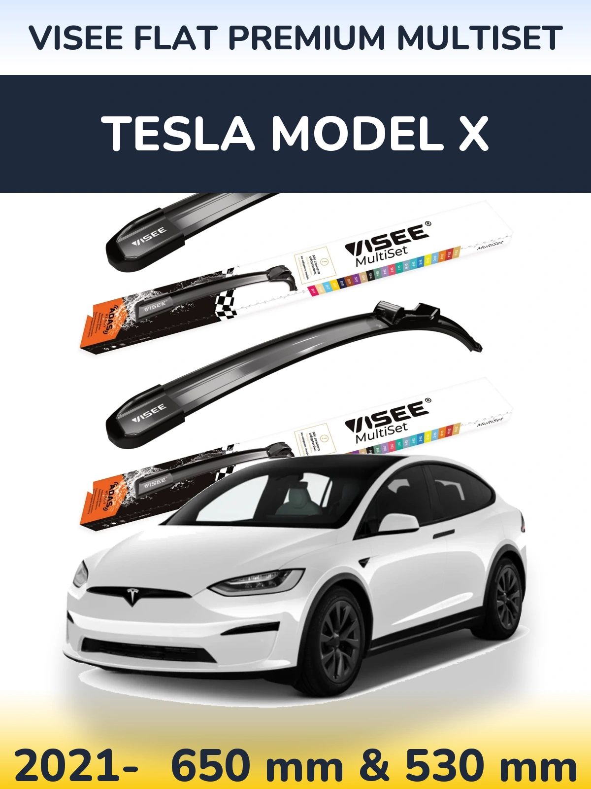 Front wiper blade set VISEE FLAT PREMIUM MultiSet 650 & 530 mm for Tesla Modello X 2021-2026