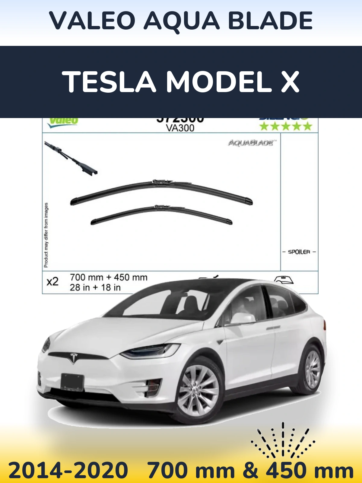 Front wiper blade set Valeo Aqua Blade 700 & 450 mm for Tesla Modello X 2014-2020