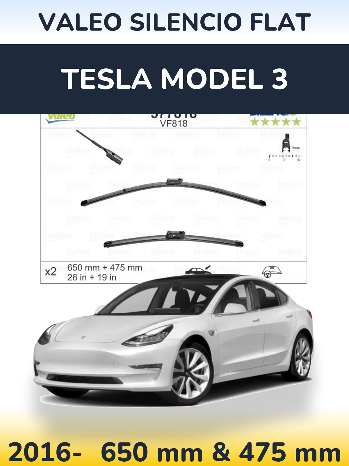 Комплект передніх щіток Valeo Silencio Flat 650 & 475 мм для Tesla Модель 3 2016-2026