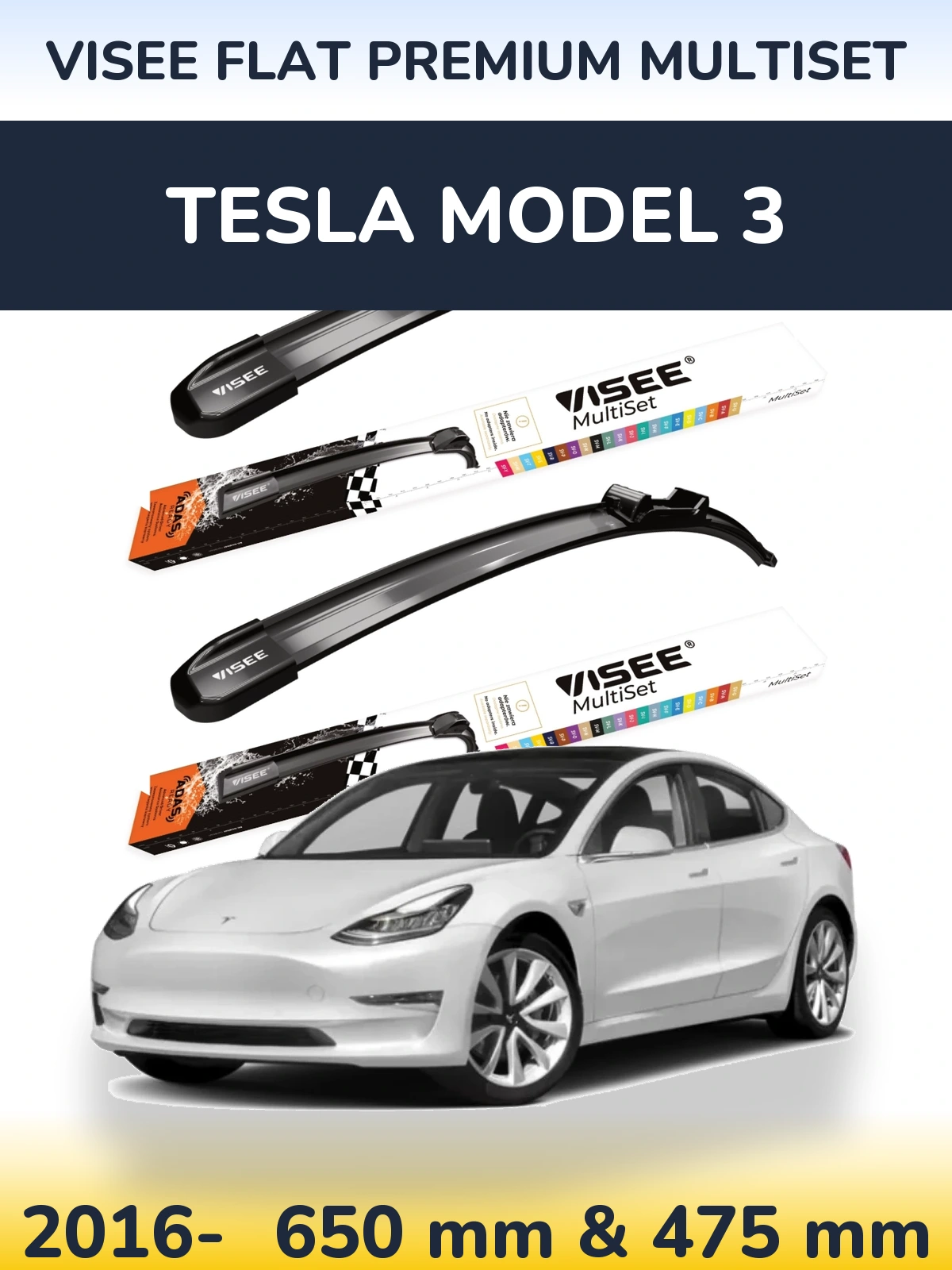 Front wiper blade set VISEE FLAT PREMIUM MultiSet 650 & 475 mm for Tesla Modello 3 2016-2026