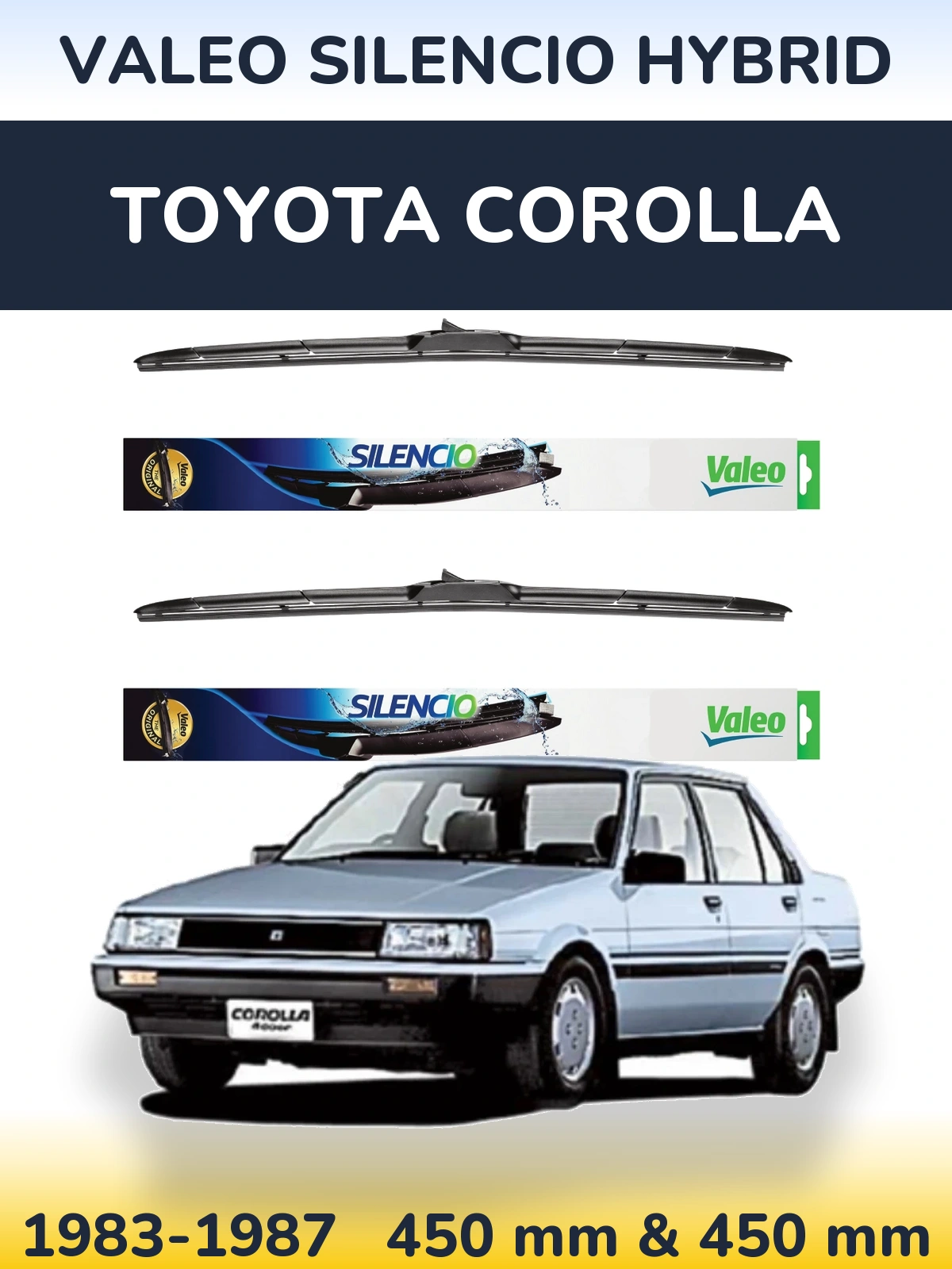 Front wiper blade set Valeo Silencio Hybrid 450 & 450 mm for Toyota Corolla 1983-1987