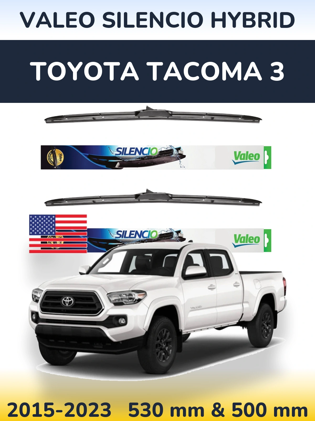 Front wiper blade set Valeo Silencio Hybrid 530 & 500 mm for Toyota Tacoma 3 2015-2023