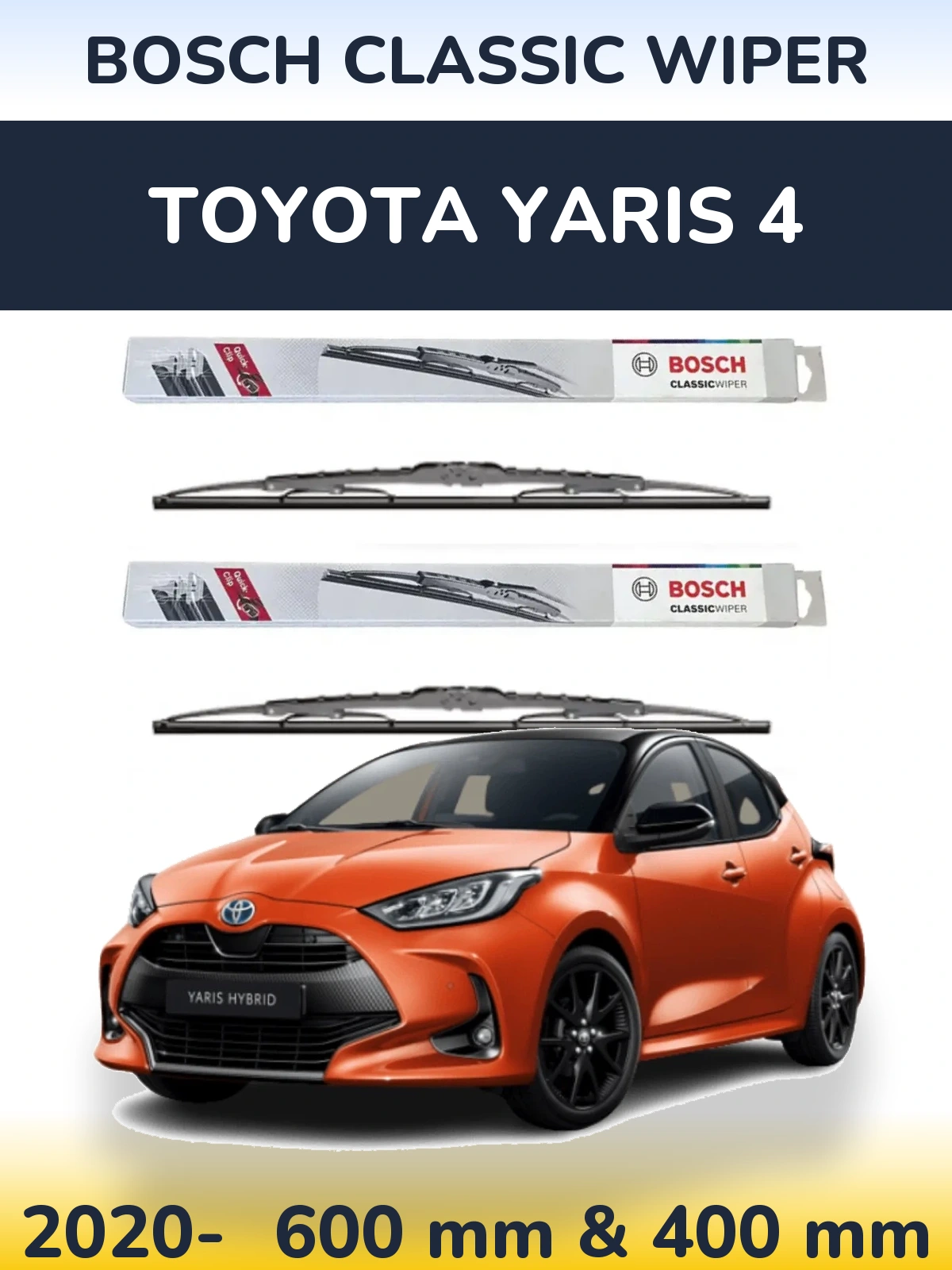 Front wiper blade set BOSCH Classic Wiper 600 & 400 mm for Toyota Yaris 4 2020-2026