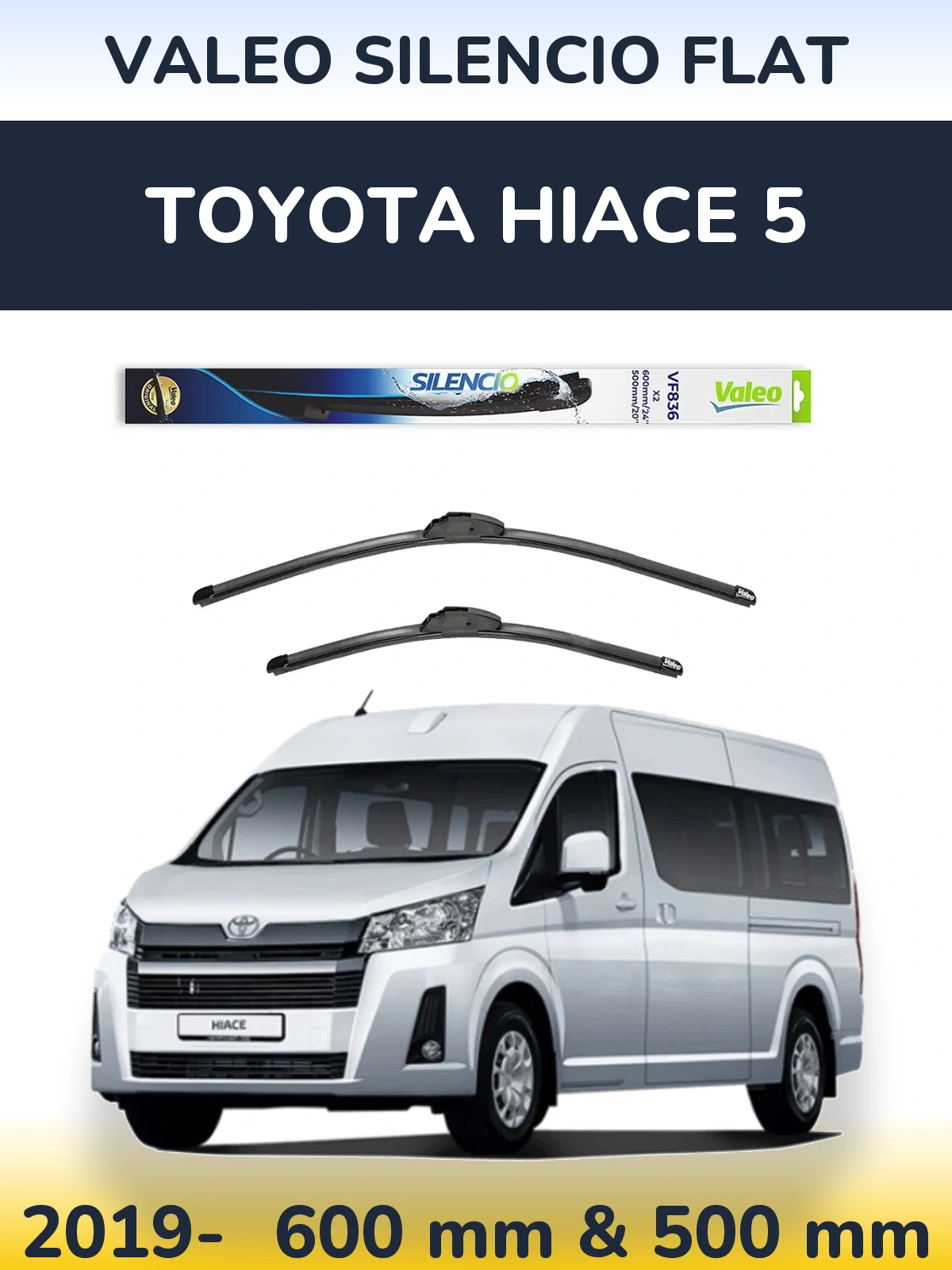 Front wiper blade set Valeo Silencio Flat 600 & 500 mm for Toyota Hiace 5 2019-2026