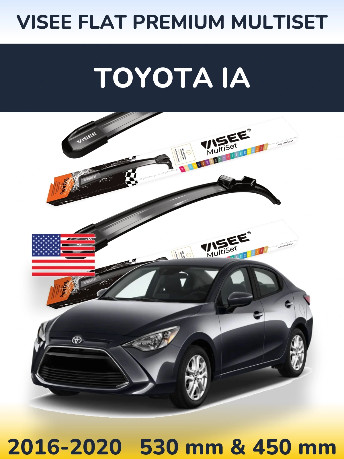 Front wiper blade set VISEE FLAT PREMIUM MultiSet 530 & 450 mm for Toyota iA 2016-2020