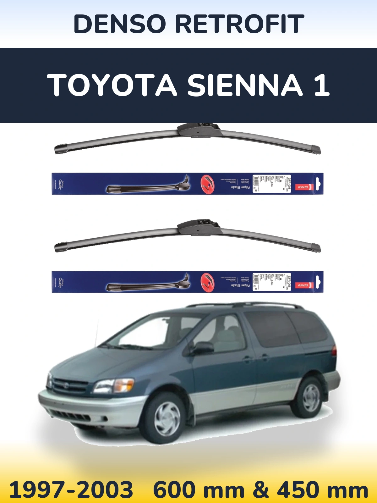 Front wiper blade set Denso Retrofit 600 & 450 mm for Toyota Sienna 1 1997-2003