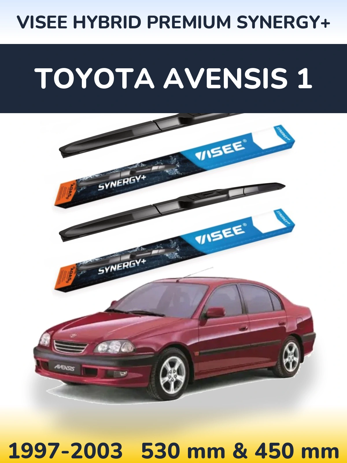 Front wiper blade set VISEE HYBRID PREMIUM SYNERGY+ 530 & 450 mm for Toyota Avensis 1 1997-2003