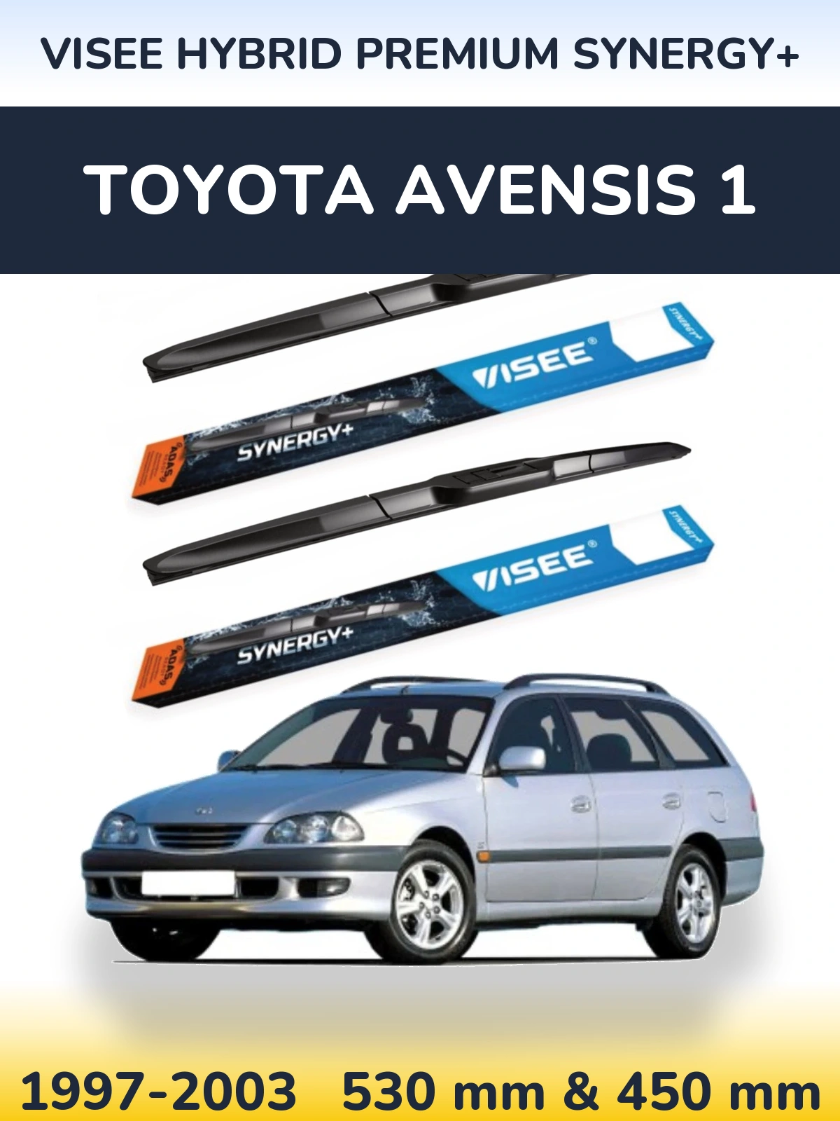 Front wiper blade set VISEE HYBRID PREMIUM SYNERGY+ 530 & 450 mm for Toyota Avensis 1 1997-2003