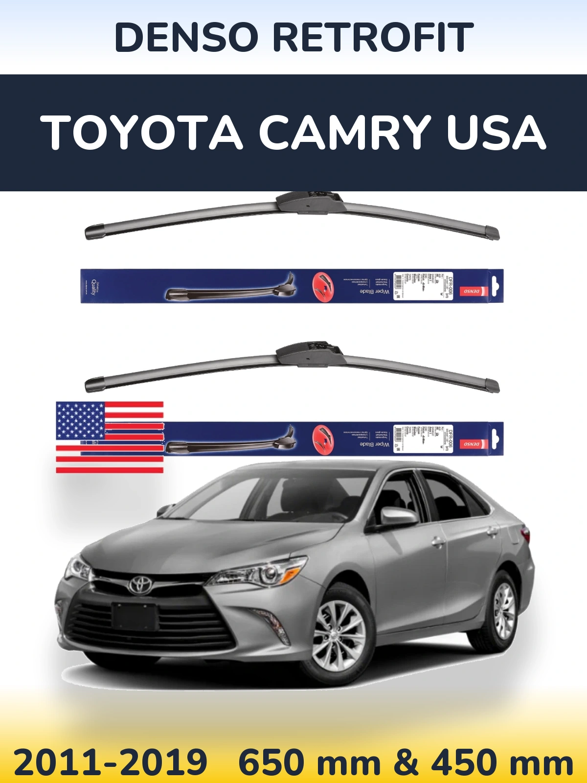 Front wiper blade set Denso Retrofit 650 & 450 mm for Toyota Camry USA 2011-2019